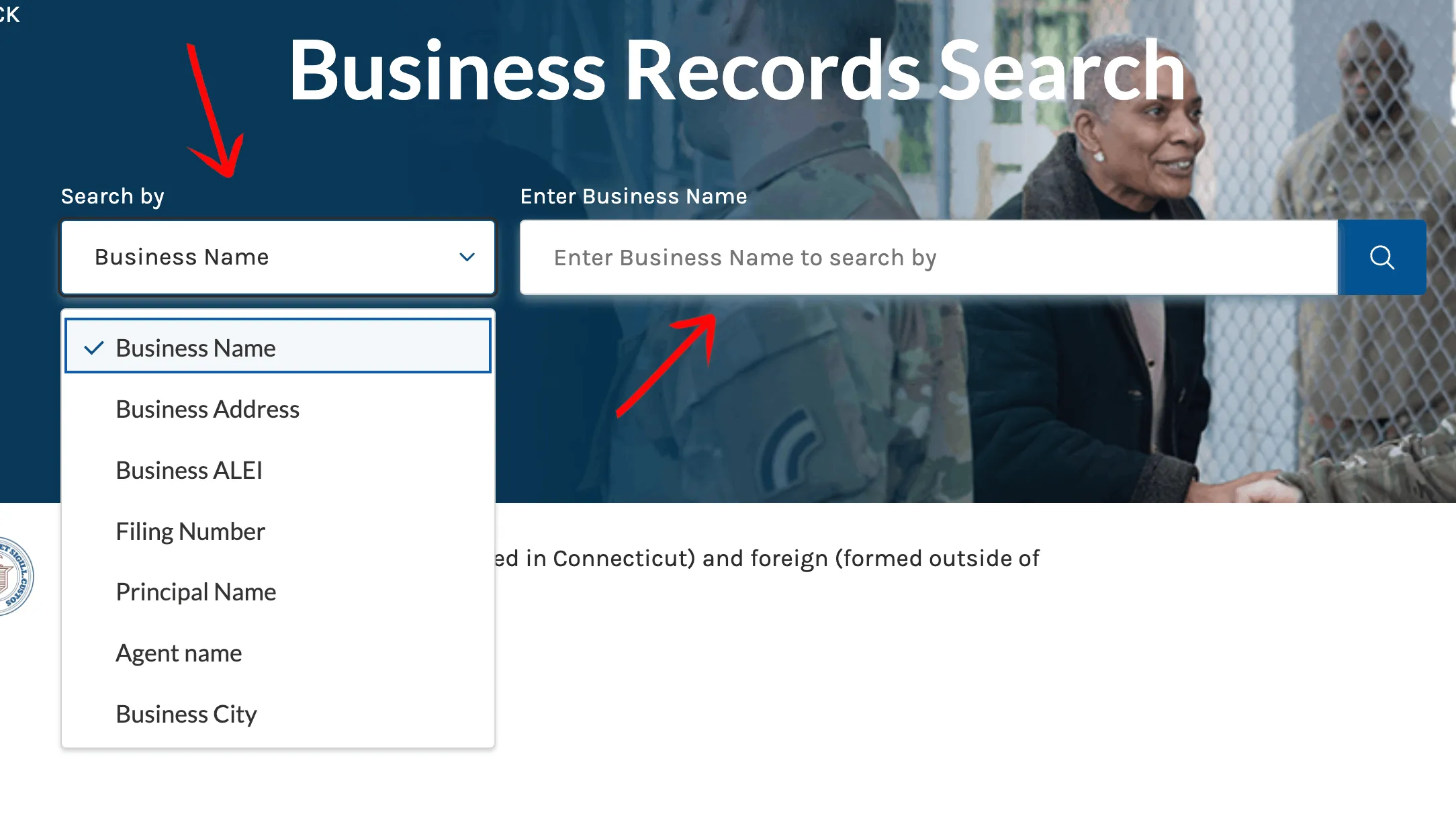 Connecticut advanced business search screen with business type and keyword fields