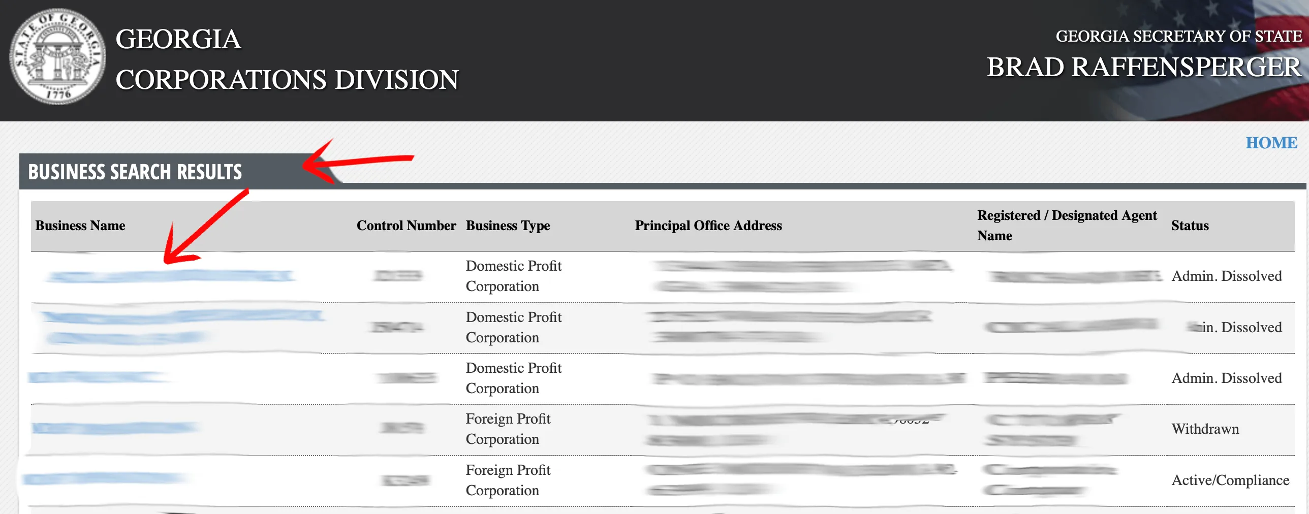 Georgia business entity search results table with business name, control number, type, address, agent, and status columns