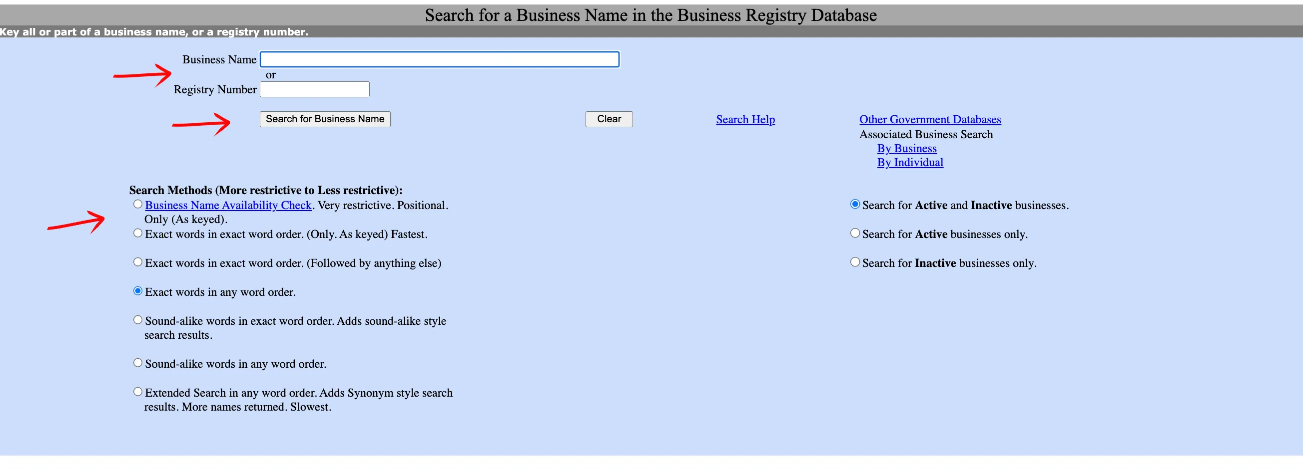 Oregon search results table listing record number, type, status, and registry number