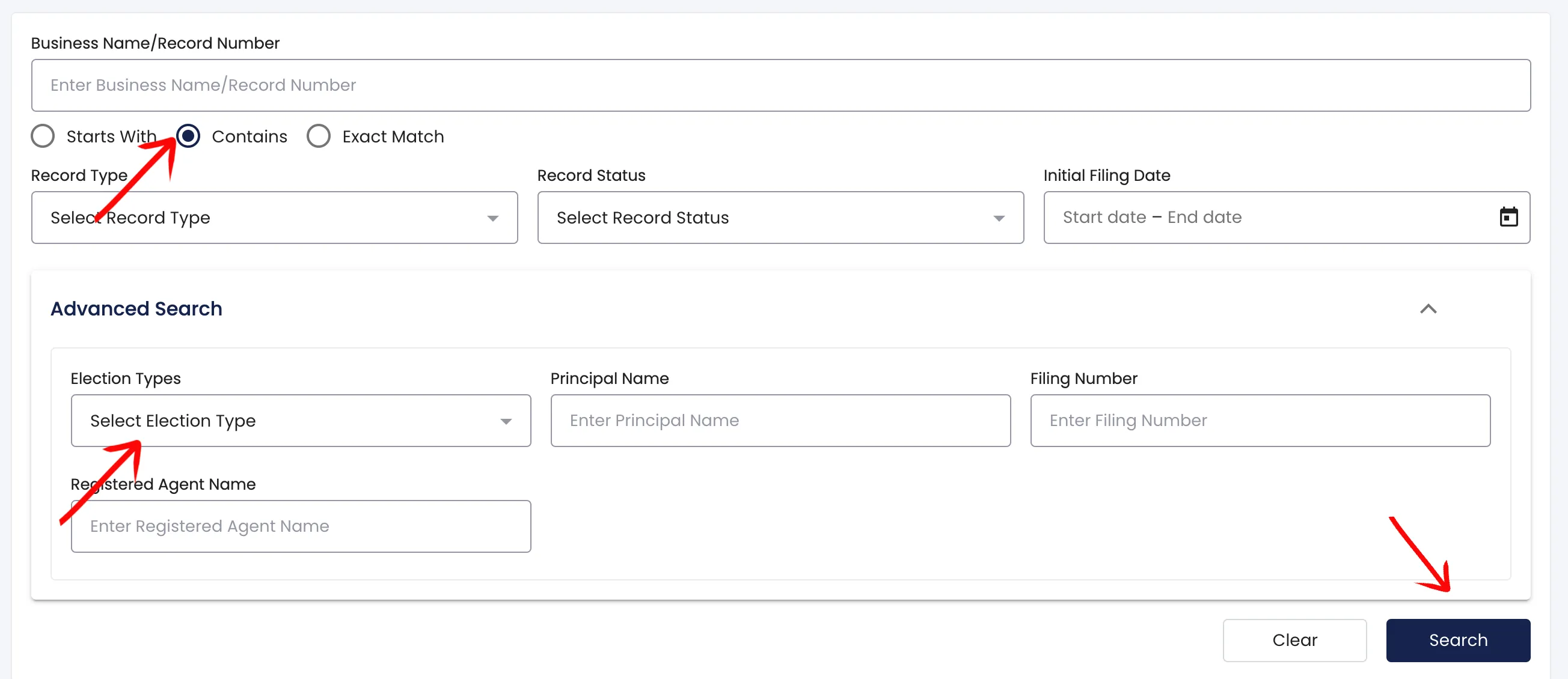 Vermont search page showing advanced search options like Registered Agent and Principal Name