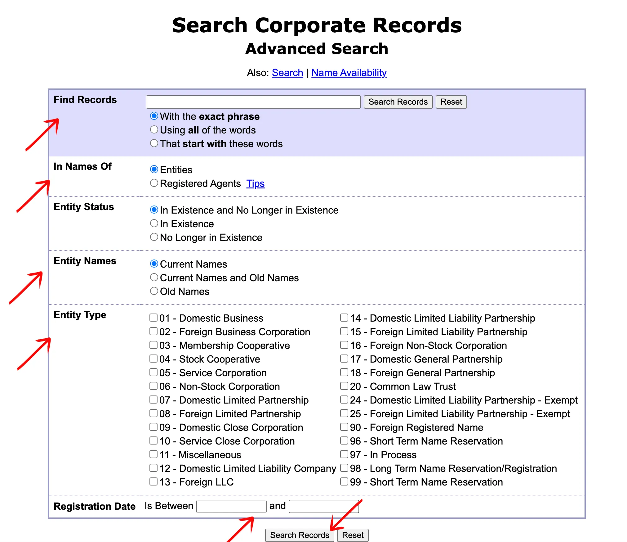 Wisconsin Advanced Search page showing exact phrase, all words, starts with, entity status, entity names, entity type, and registration date filters