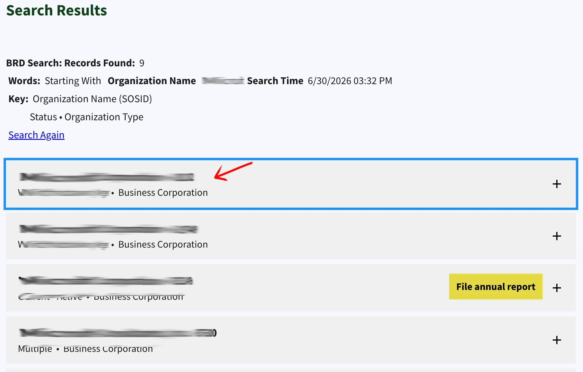 North Carolina search results list displaying name, SOSID, and type