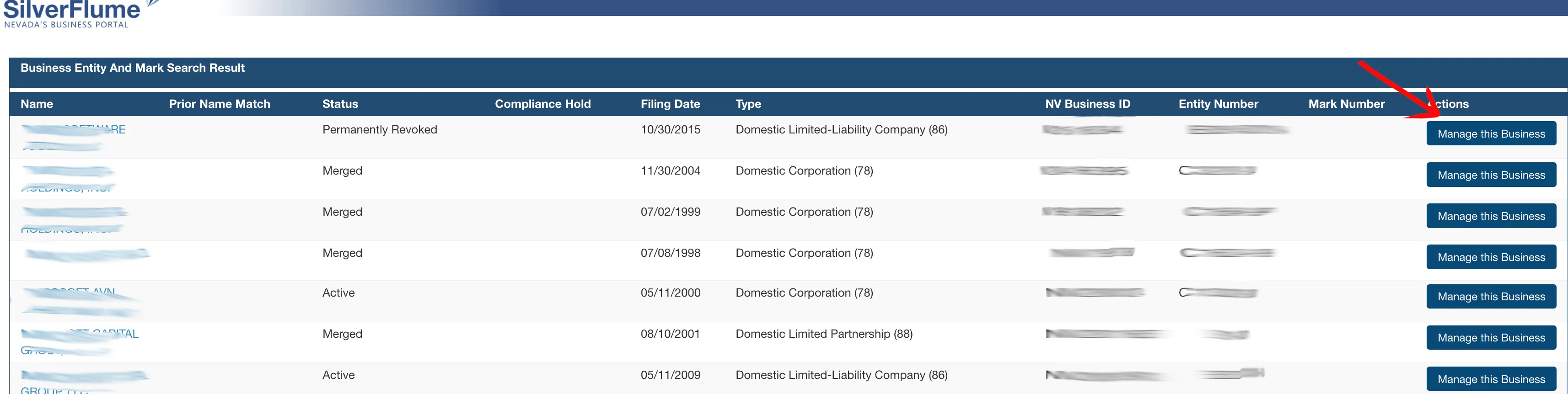 Nevada search results table displaying matching business names and compliance hold columns