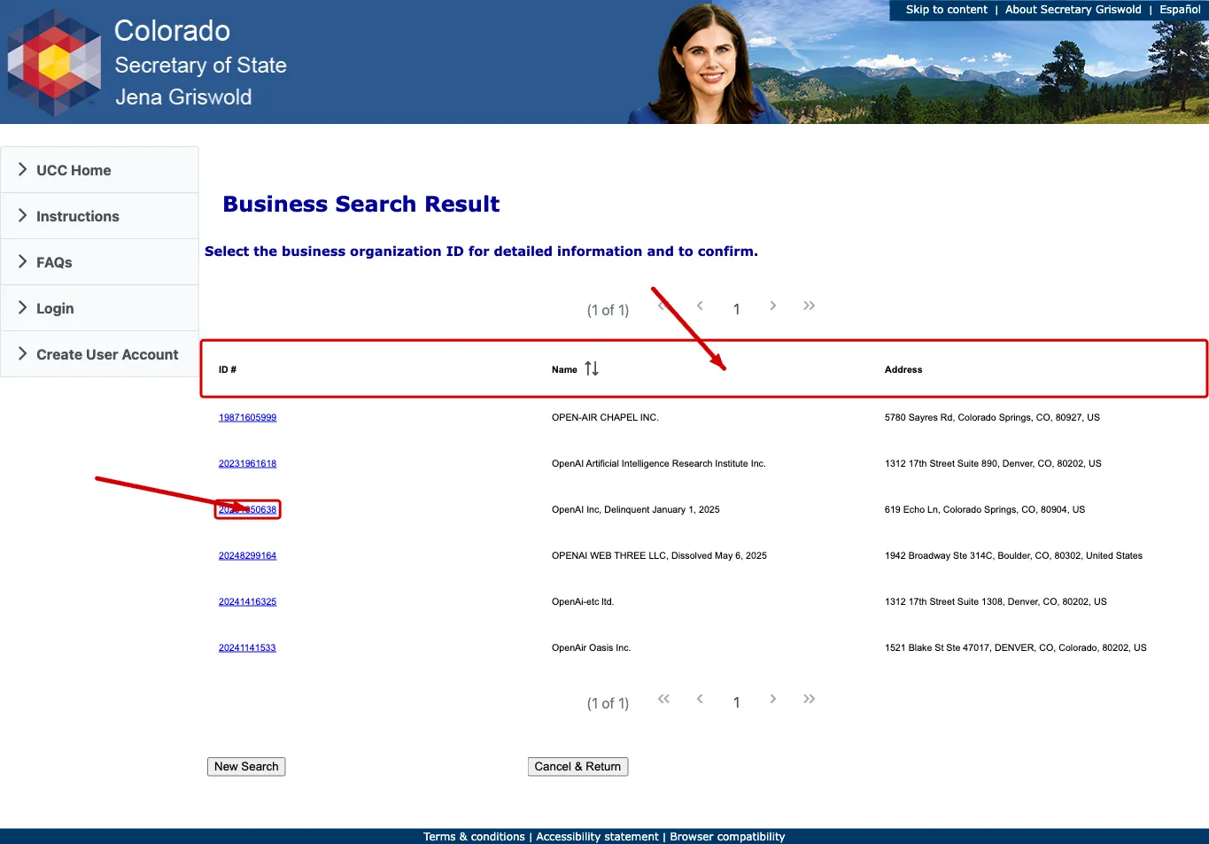 Colorado business entity search results table with ID number, name, and address columns