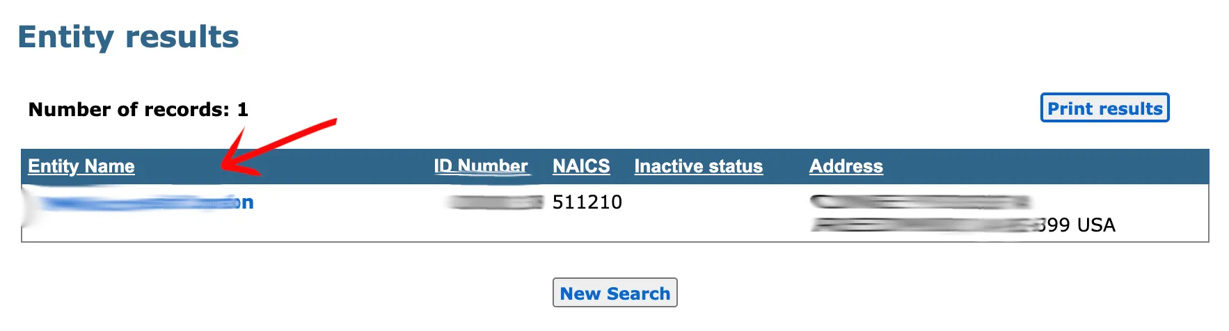 Rhode Island search results table showing matching business names and ID numbers