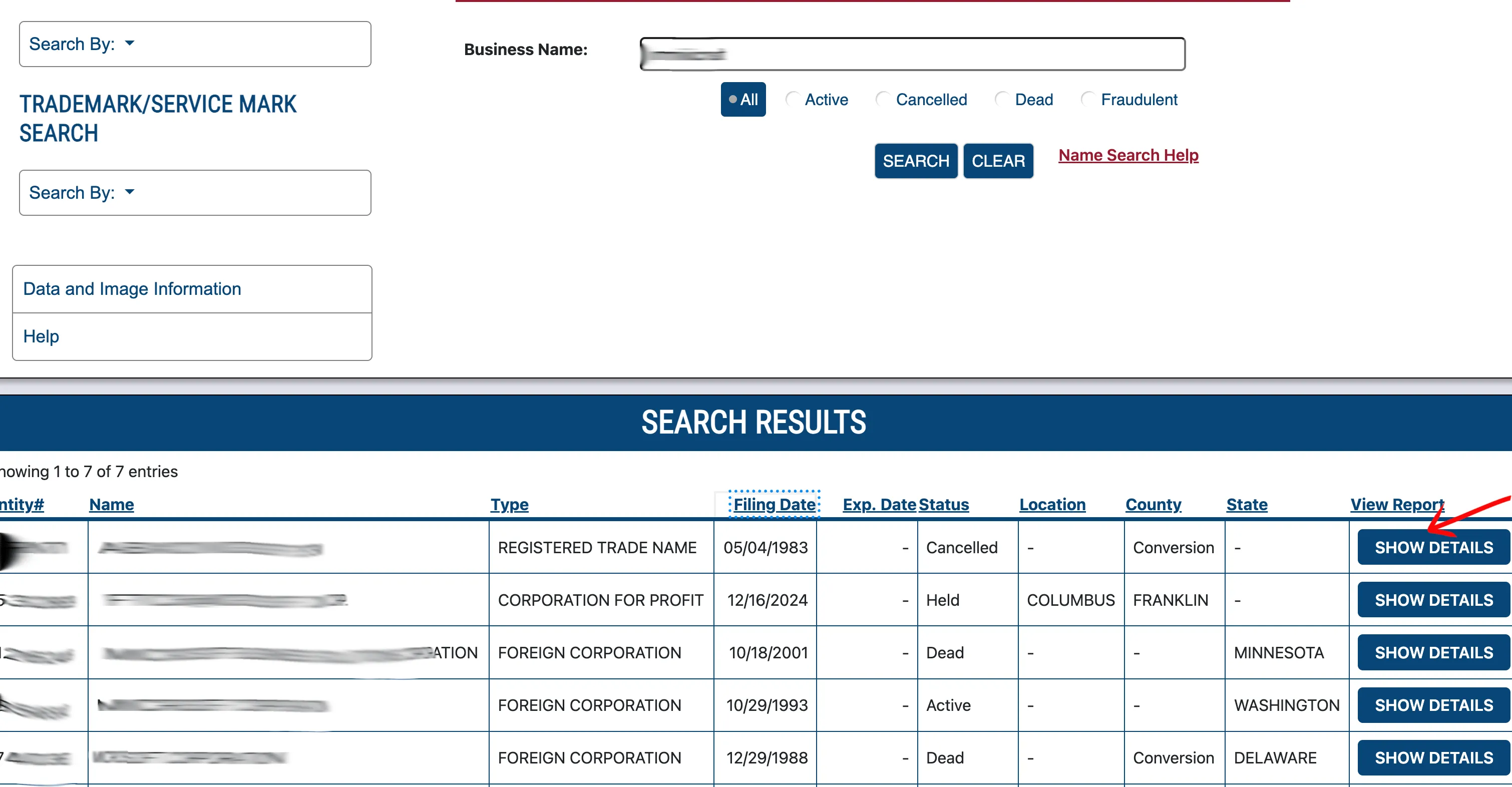 Ohio business search results table displaying name, type, date, status and details button