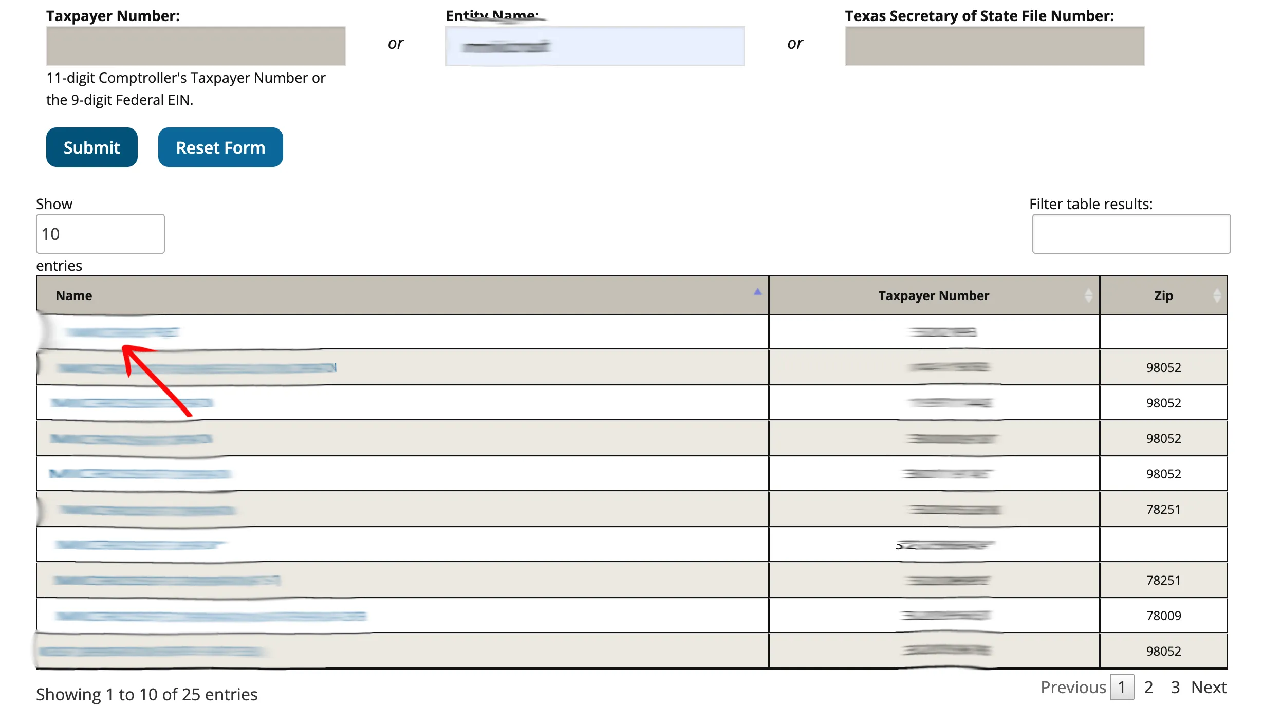 Texas search results table displaying matching business names, taxpayer numbers, and zip codes
