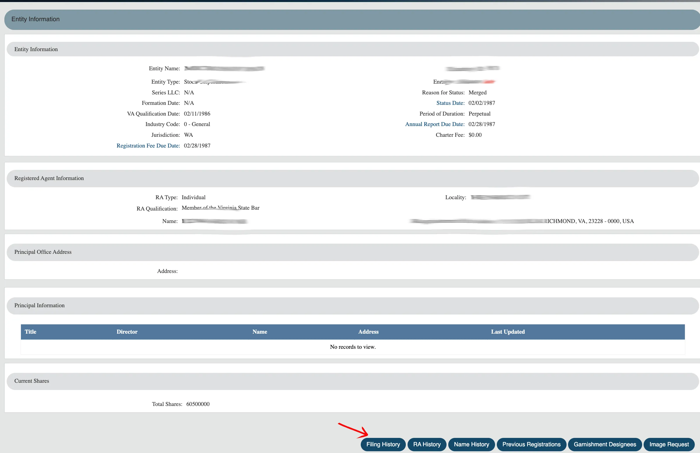 Virginia business detailed record view showing entity details, registered agent and menu links