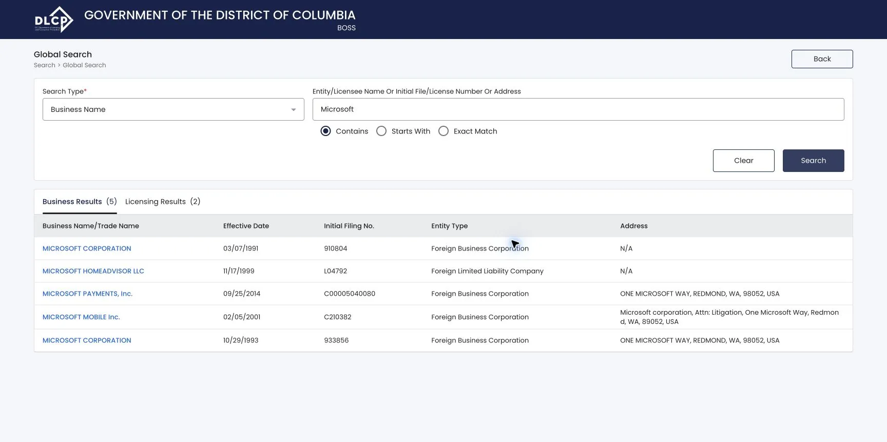 District of Columbia BOSS search results with separate business and licensing tabs