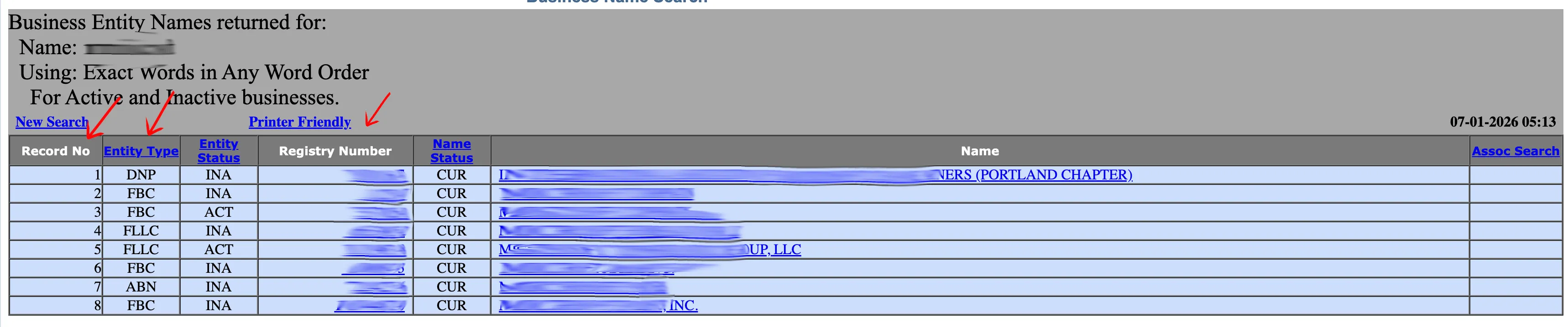 Oregon entity details section showing registry number, status, date, and agent details