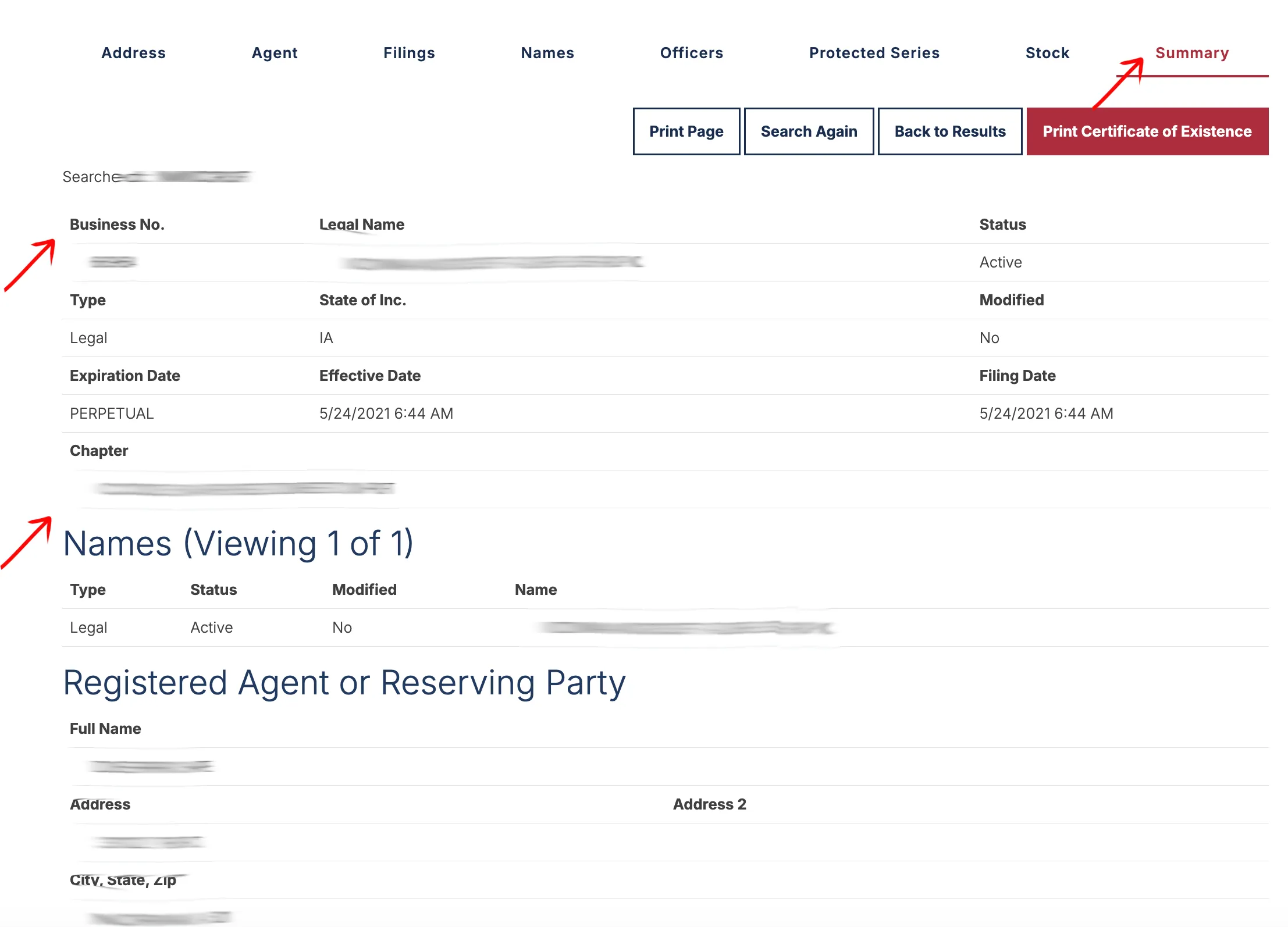 Iowa entity summary page with business number, legal name, status, names, registered agent, and record tabs