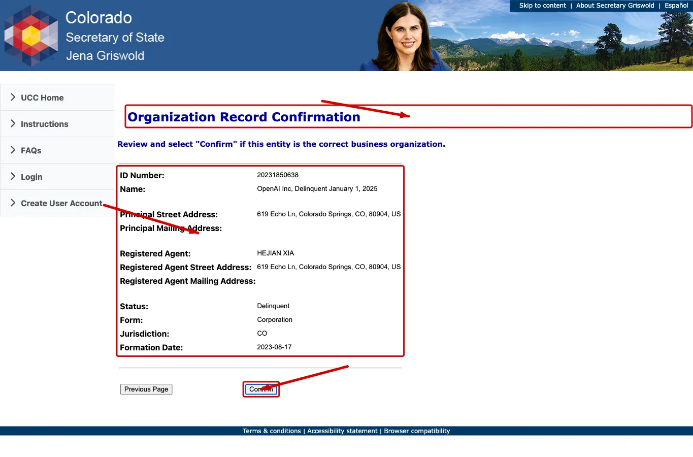 Colorado organization record confirmation page with status, form, jurisdiction, formation date, and registered agent information