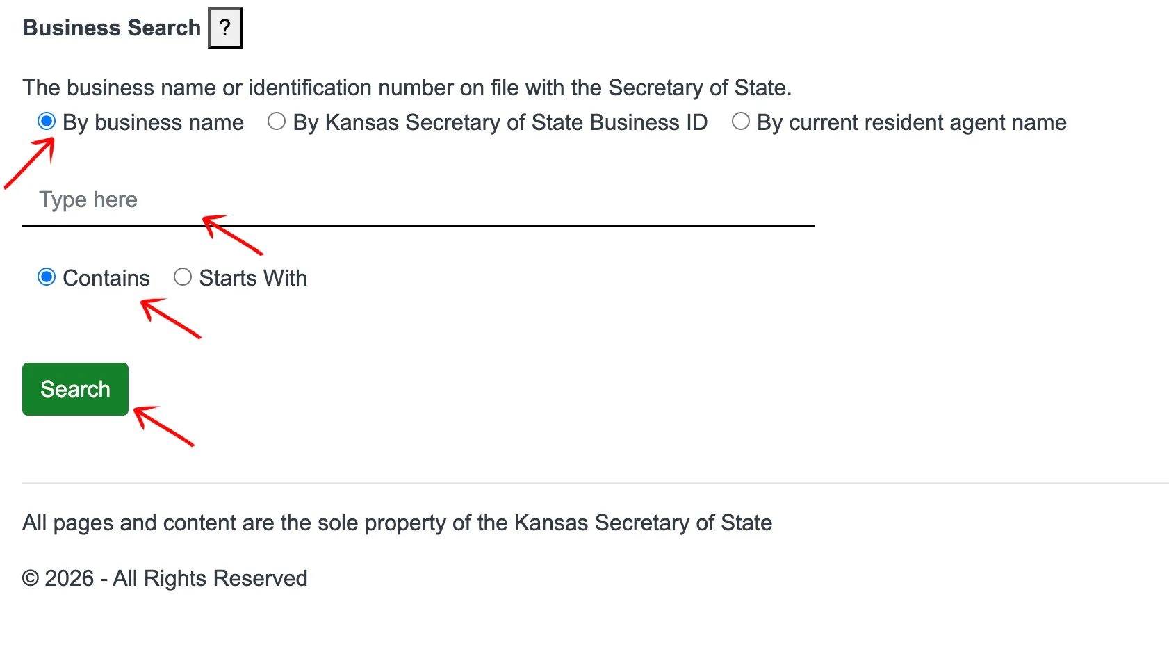 Define search method and query settings on Kansas SOS portal