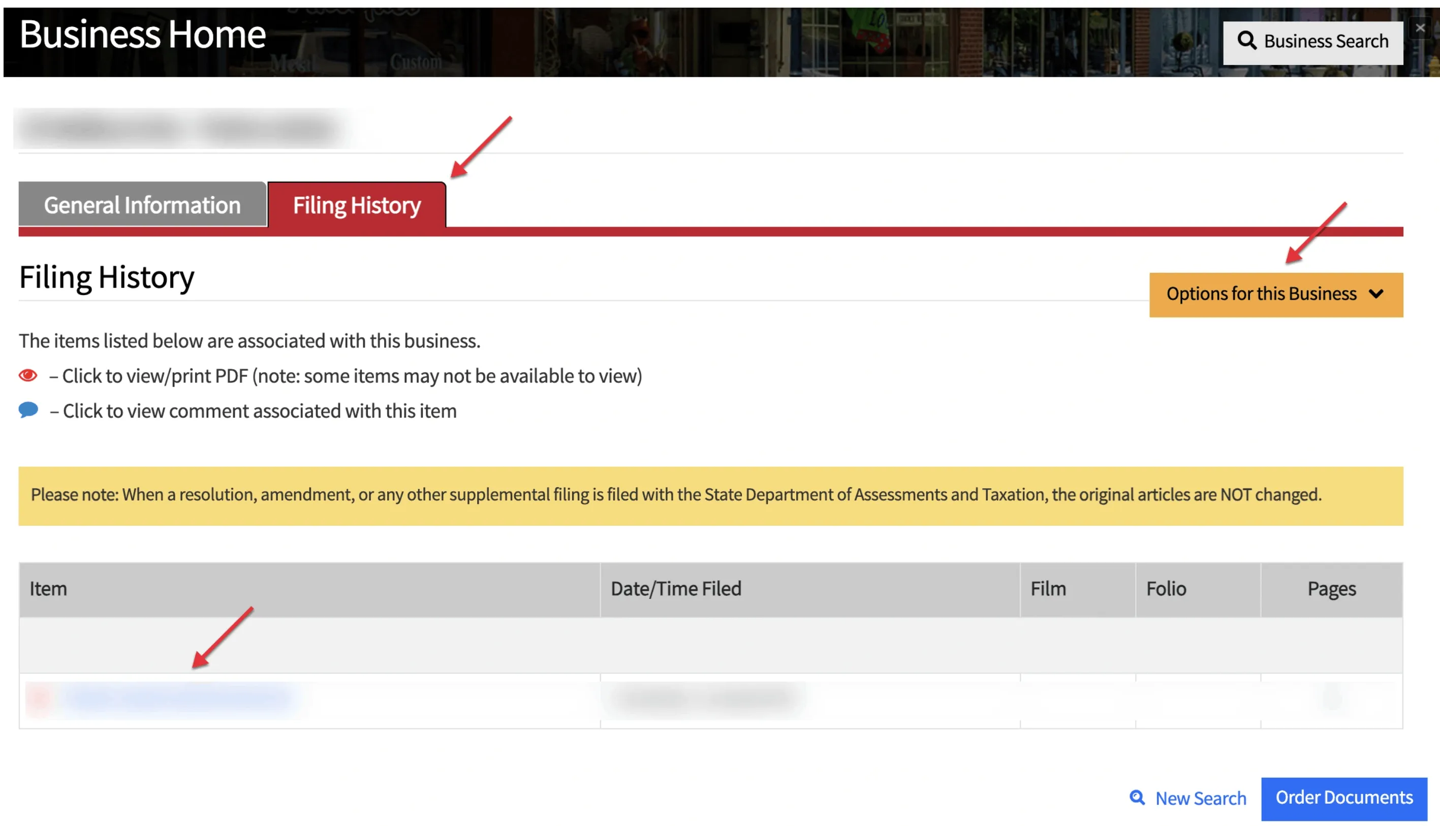 Maryland detailed business profile under the Filing History tab
