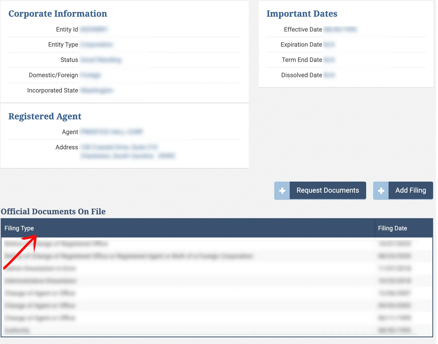 South Carolina entity profile page showing details, agent info, and document history