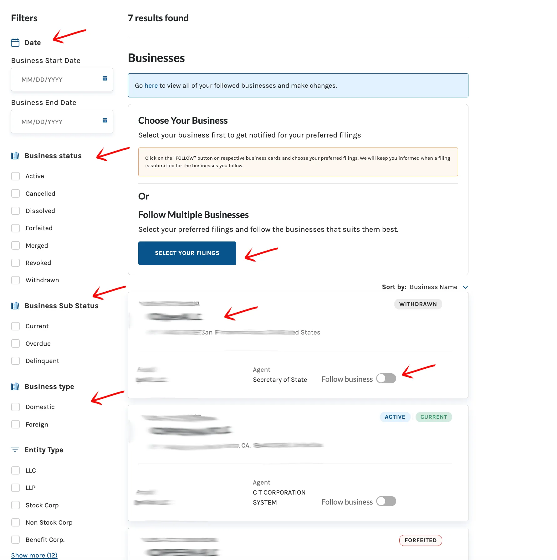 Connecticut business entity search results with business number, name, address, principal, agent, and status fields