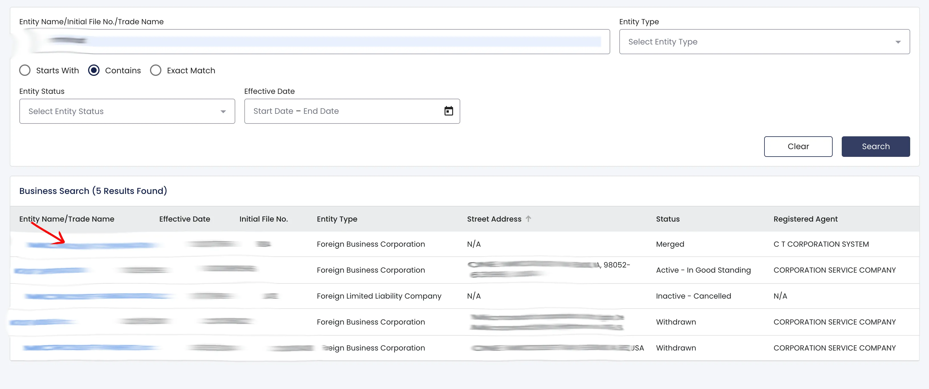 District of Columbia business search results table showing matching entities and agent names