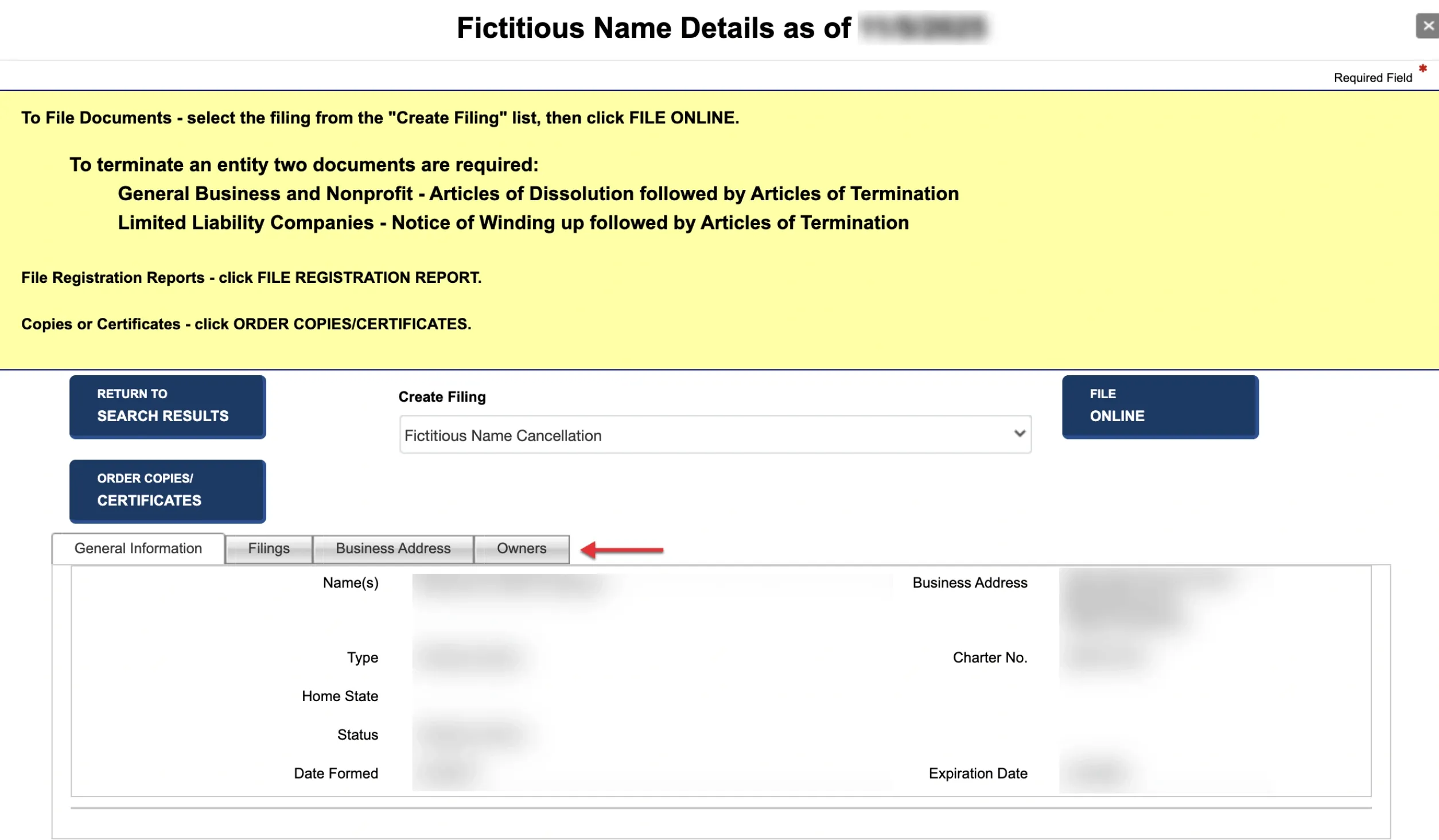 Missouri business general information sheet showing active status and duration
