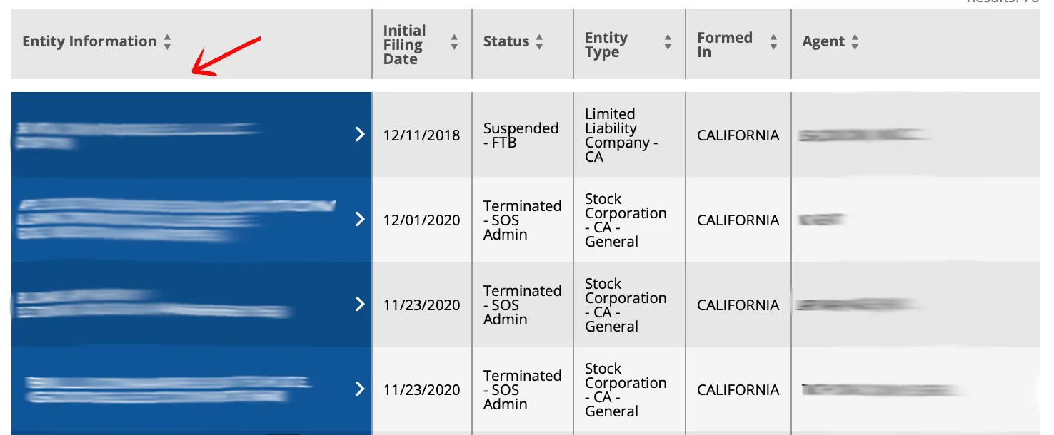 California business entity search results table with entity information, filing date, status, entity type, formed in, and agent columns