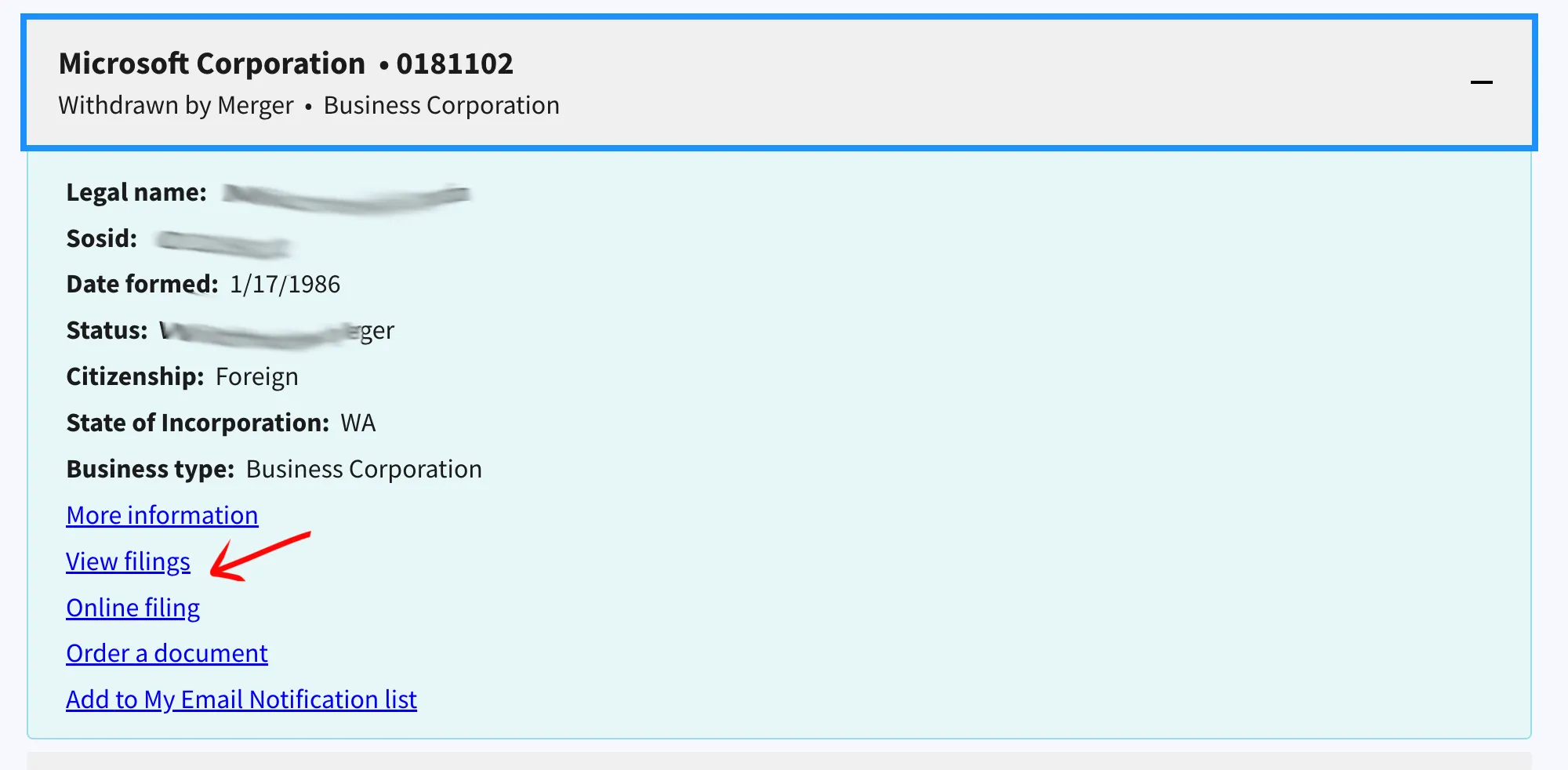North Carolina expanded row details with formation date, citizenship, and filings links