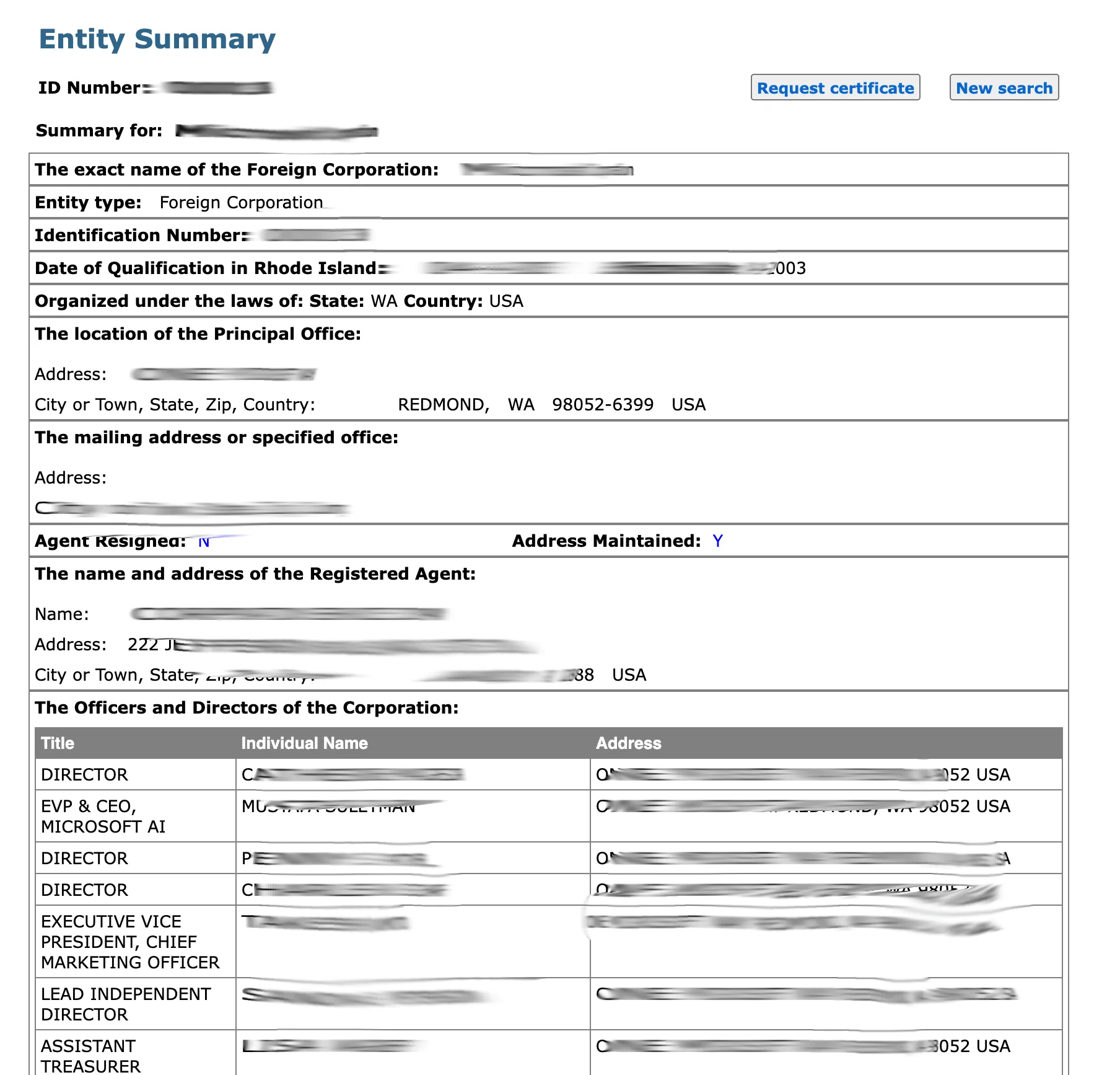 Rhode Island entity detail summary record showing identification, agent, and officer information