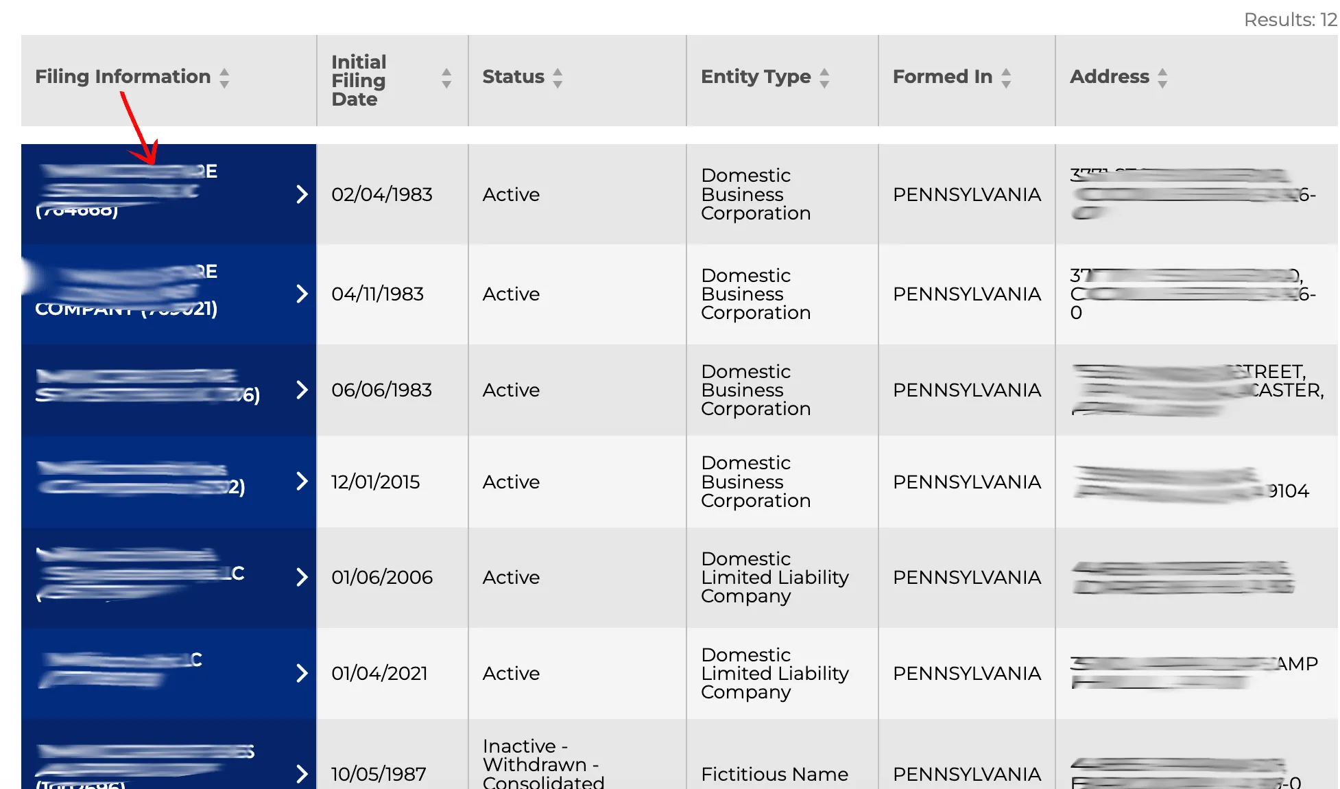 Pennsylvania business details drawer showing basic info, agent, and managers