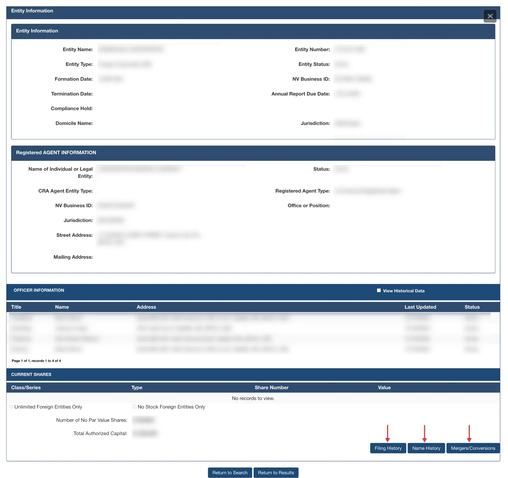 Nevada entity details page displaying structured entity and registered agent information