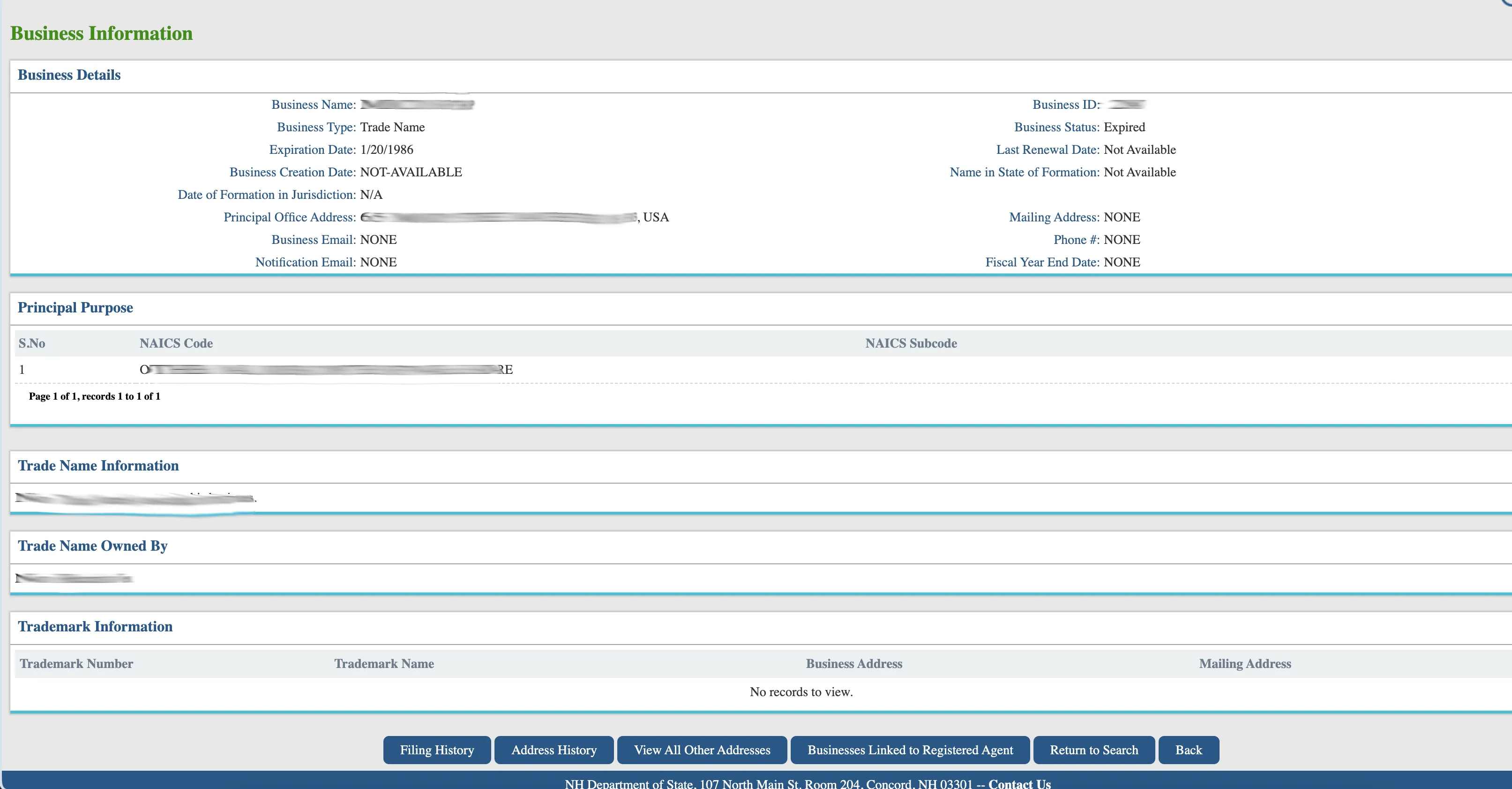New Hampshire Business Information page displaying full administrative details and addresses