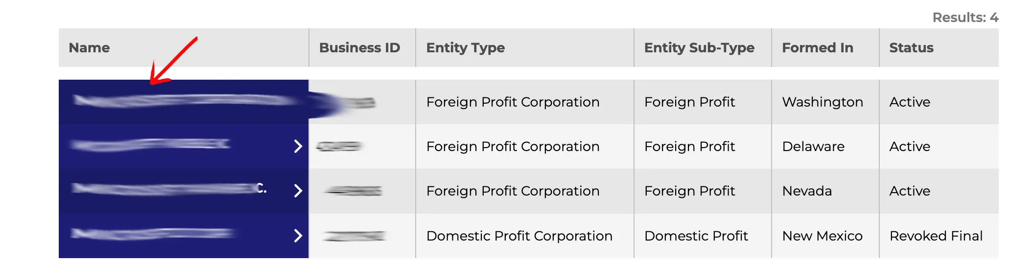 New Mexico search results table displaying name, ID, type, origin, and status