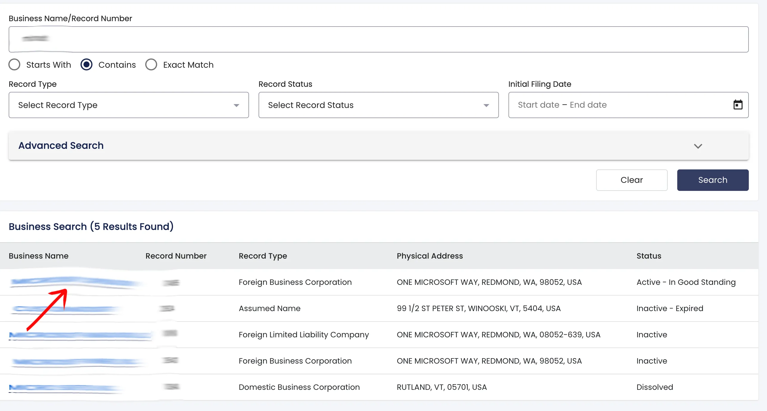 Vermont search results table showing matching business entries with record status