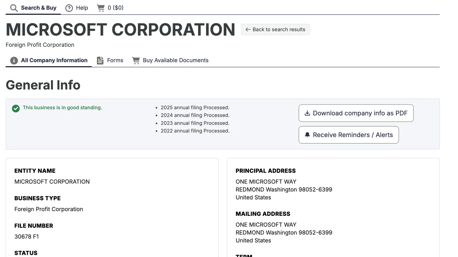 Hawaii entity record page showing general info, standing, and addresses