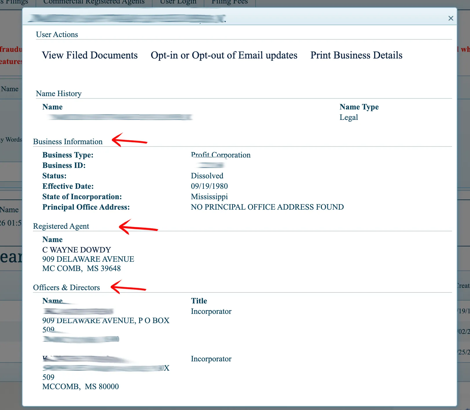 Mississippi business detailed pop-up modal showing Name History, Business Information, Registered Agent, and Officers