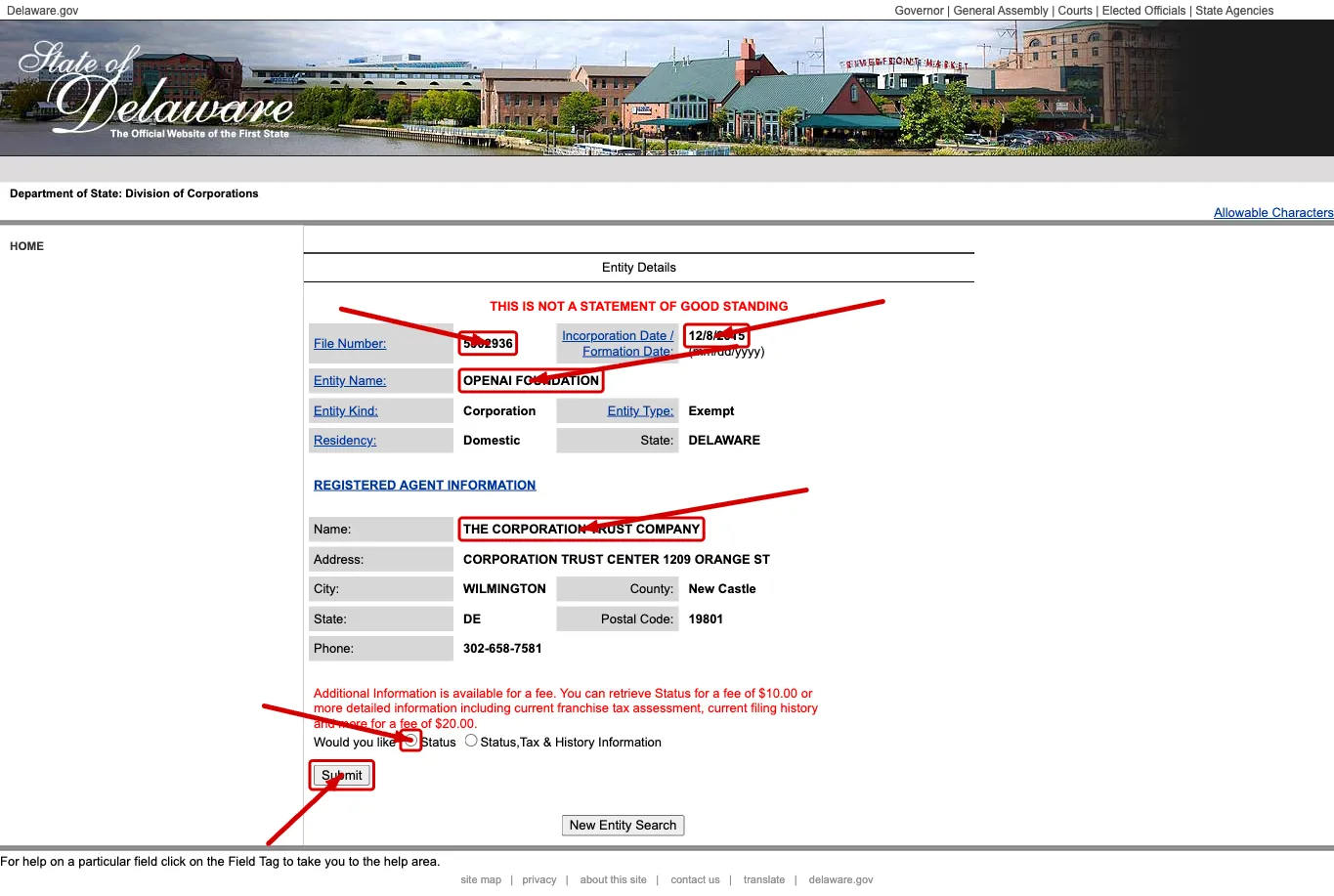 Delaware entity details page with file number, classification, full name, formation details, and registered agent information