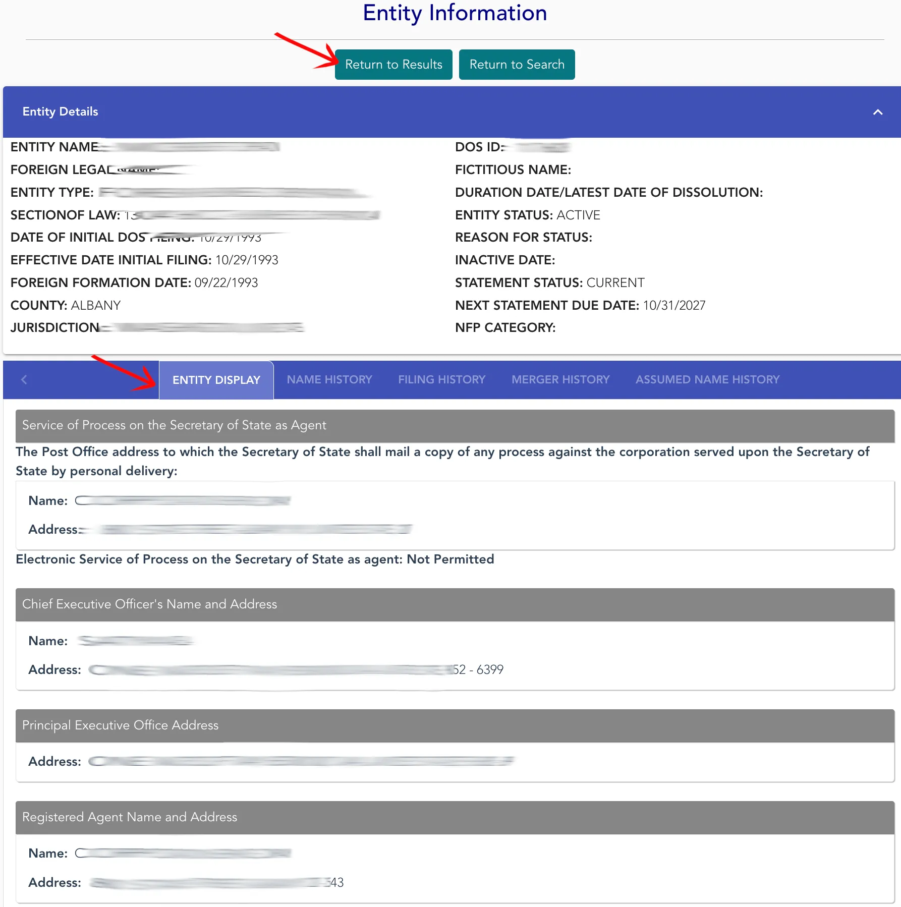 New York public records details page displaying status, initial filing, address, and agent