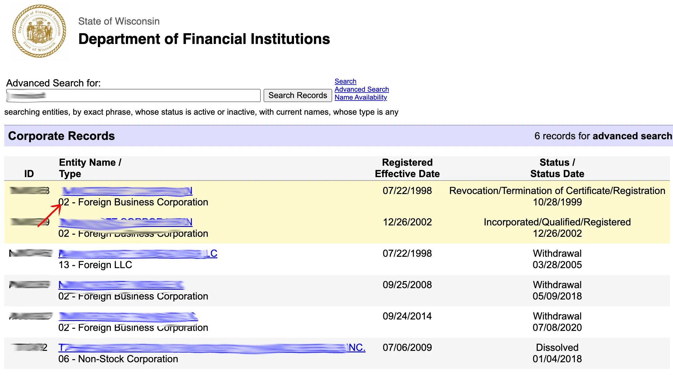 Wisconsin corporate records results table showing ID, entity name and type, registered effective date, and status