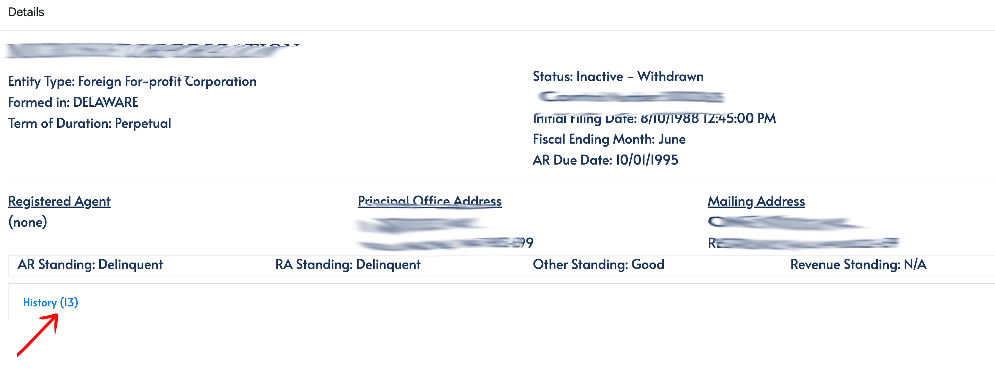 Tennessee business details page displaying entity status, dates, and addresses