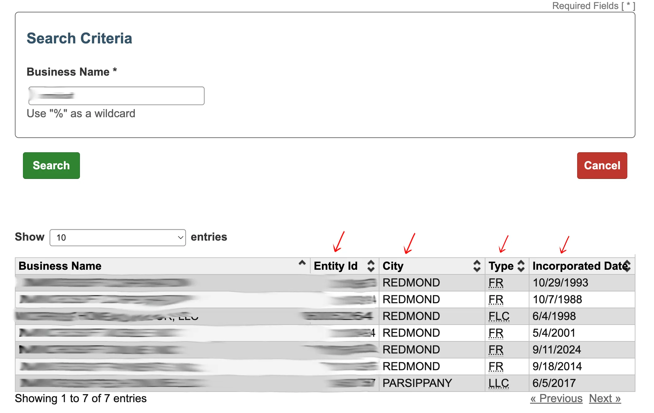 New Jersey search results table listing matching names, IDs, cities, and types