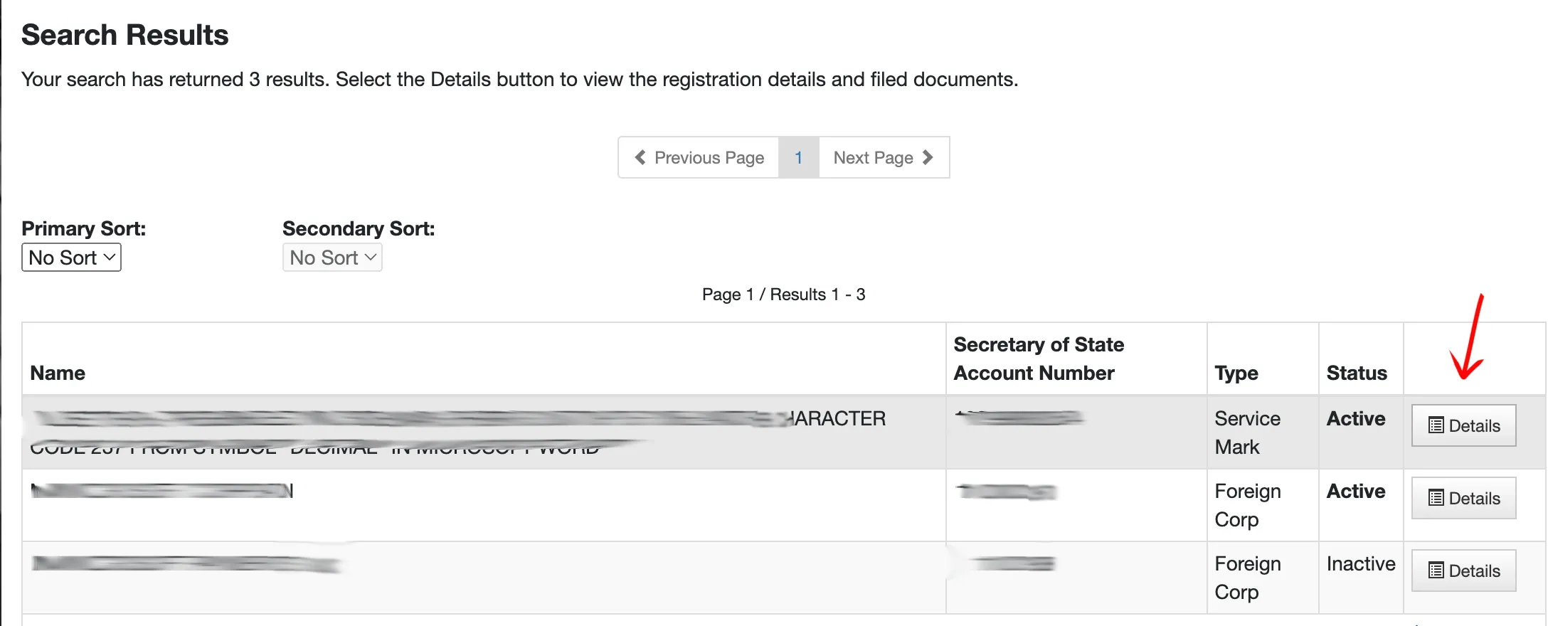 Nebraska search results table listing entity names, account numbers, and statuses