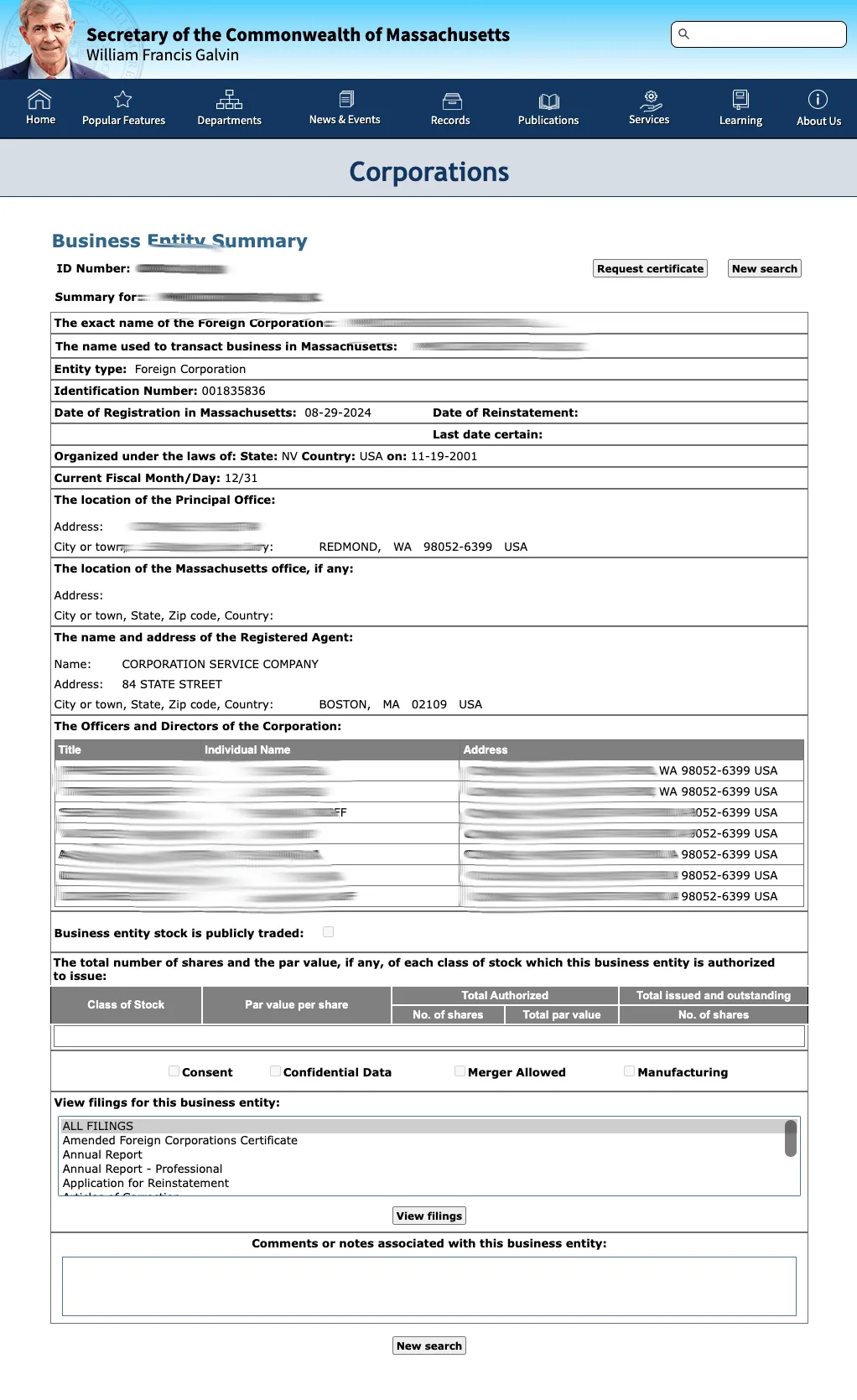 Massachusetts Business Entity Summary page showing detailed entity information