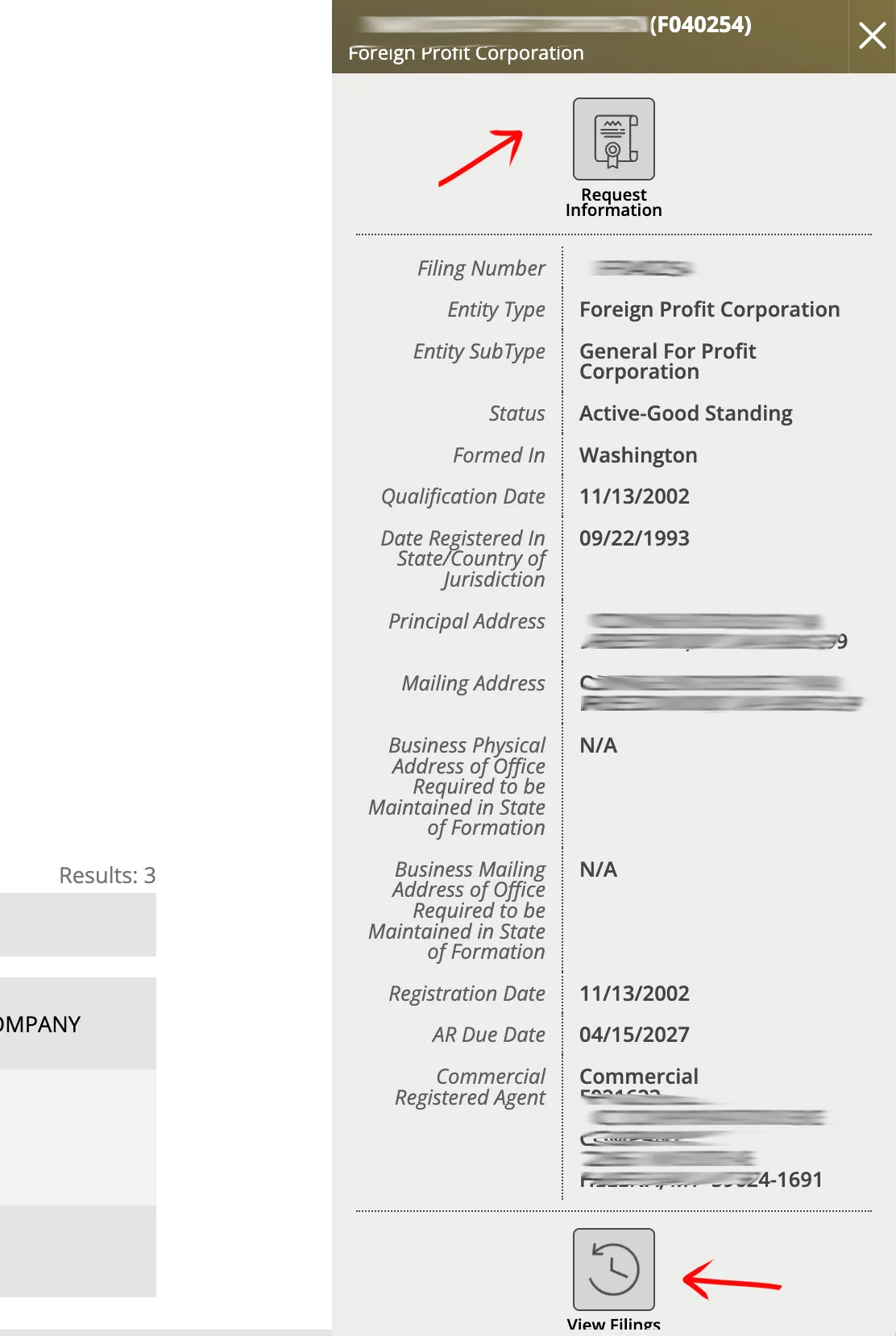 Montana business details panel showing filing number, principal address, and registered agent details