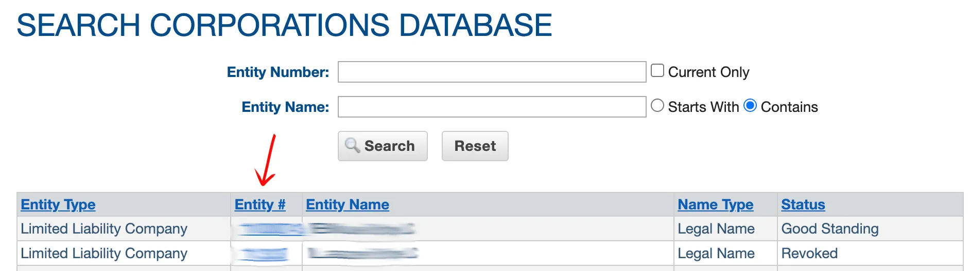 Alaska business entity search results page