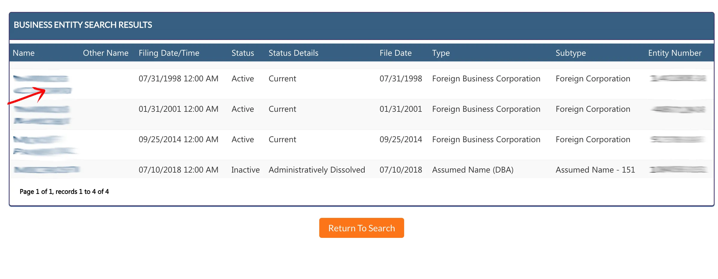 Utah search results table listing matching business names, types, and entity numbers
