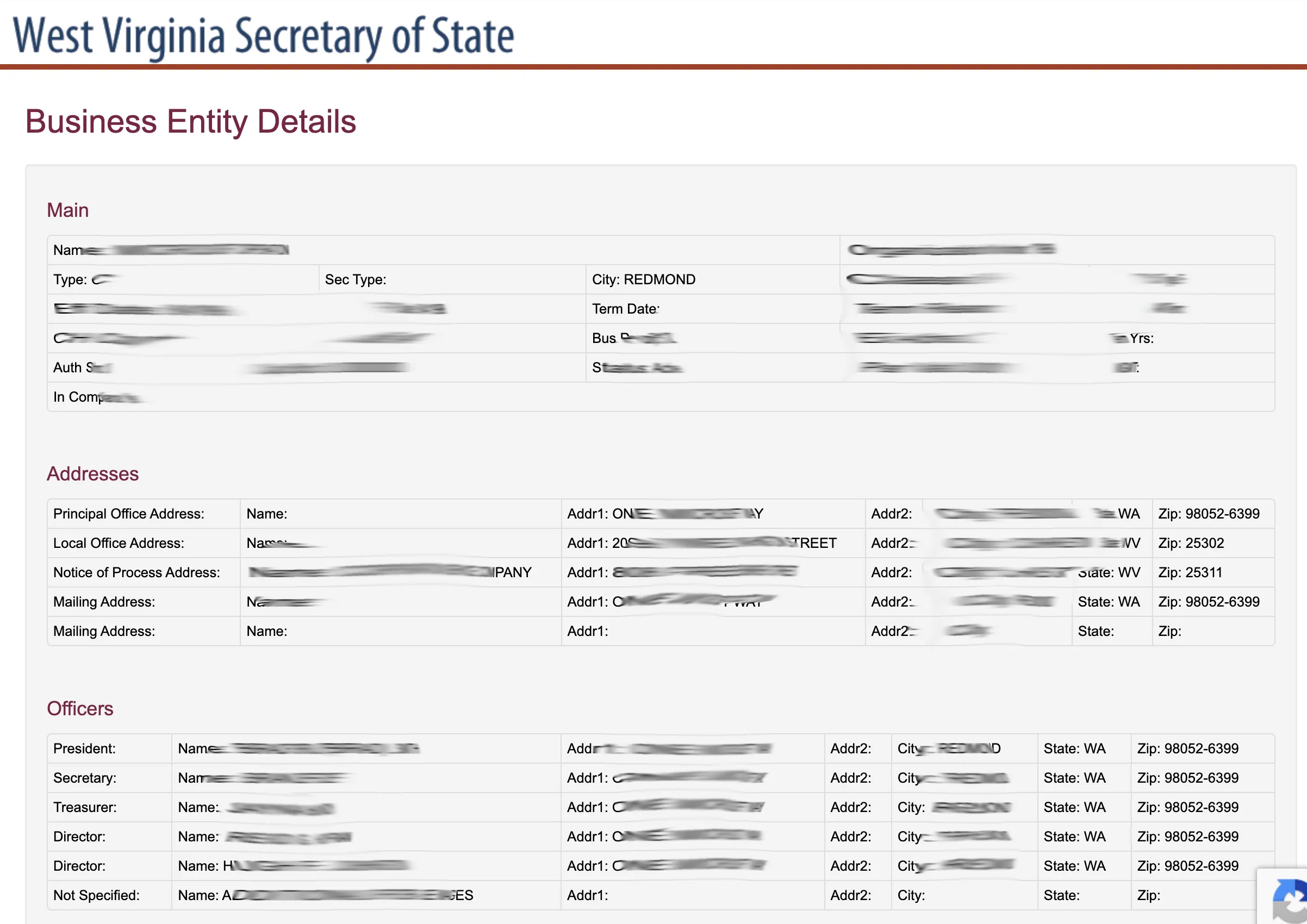 West Virginia Business Entity Details page showing Principal Office, Officers, and navigation tabs