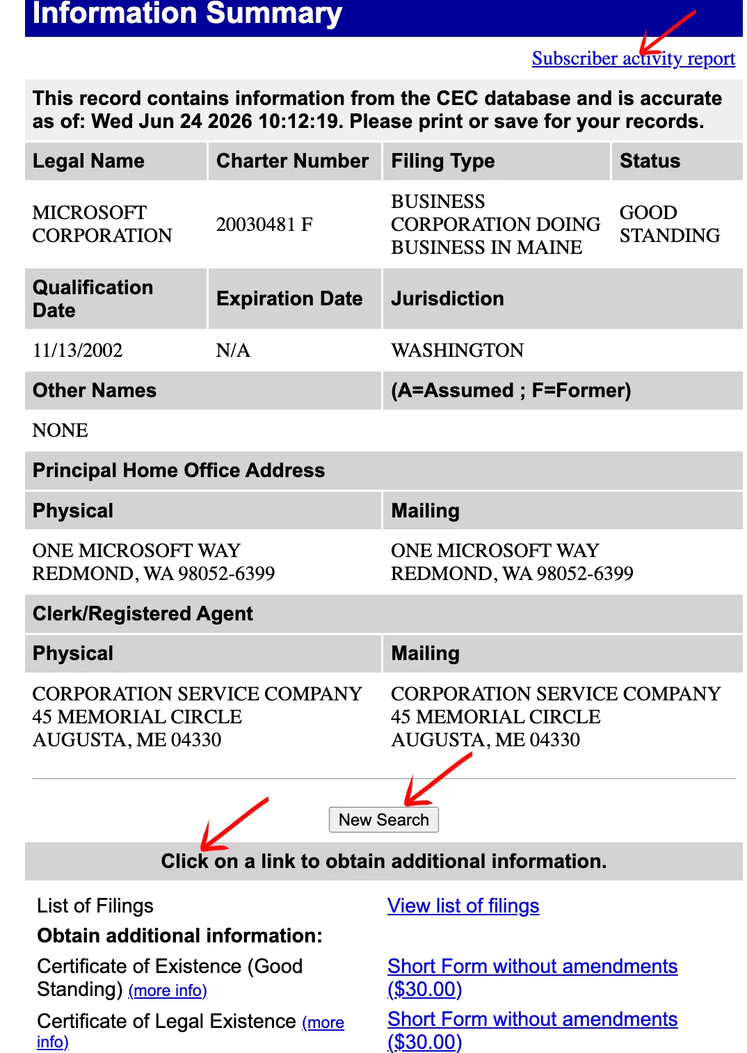 Maine detailed business information summary profile page