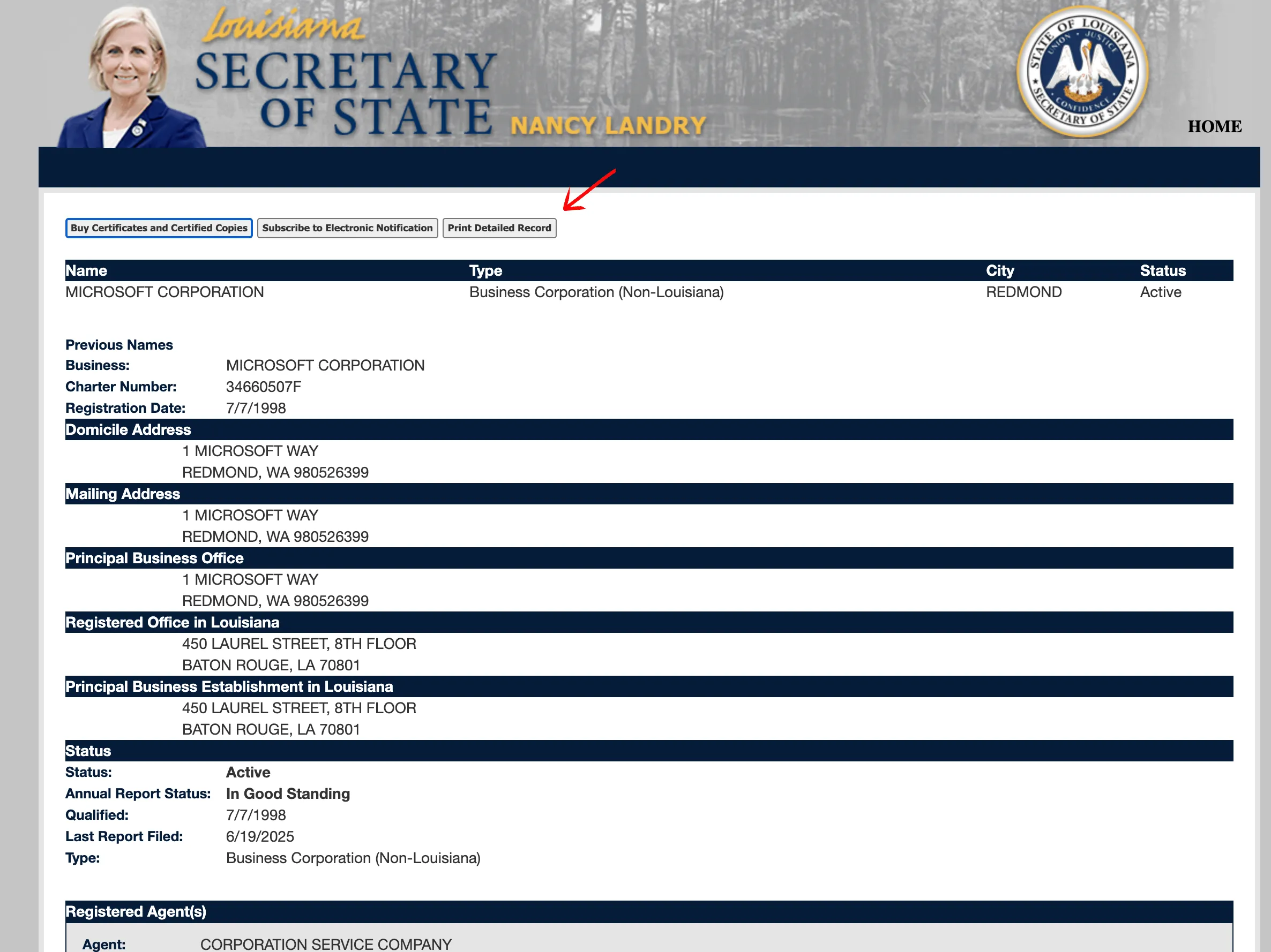 Louisiana Secretary of State detailed business profile page