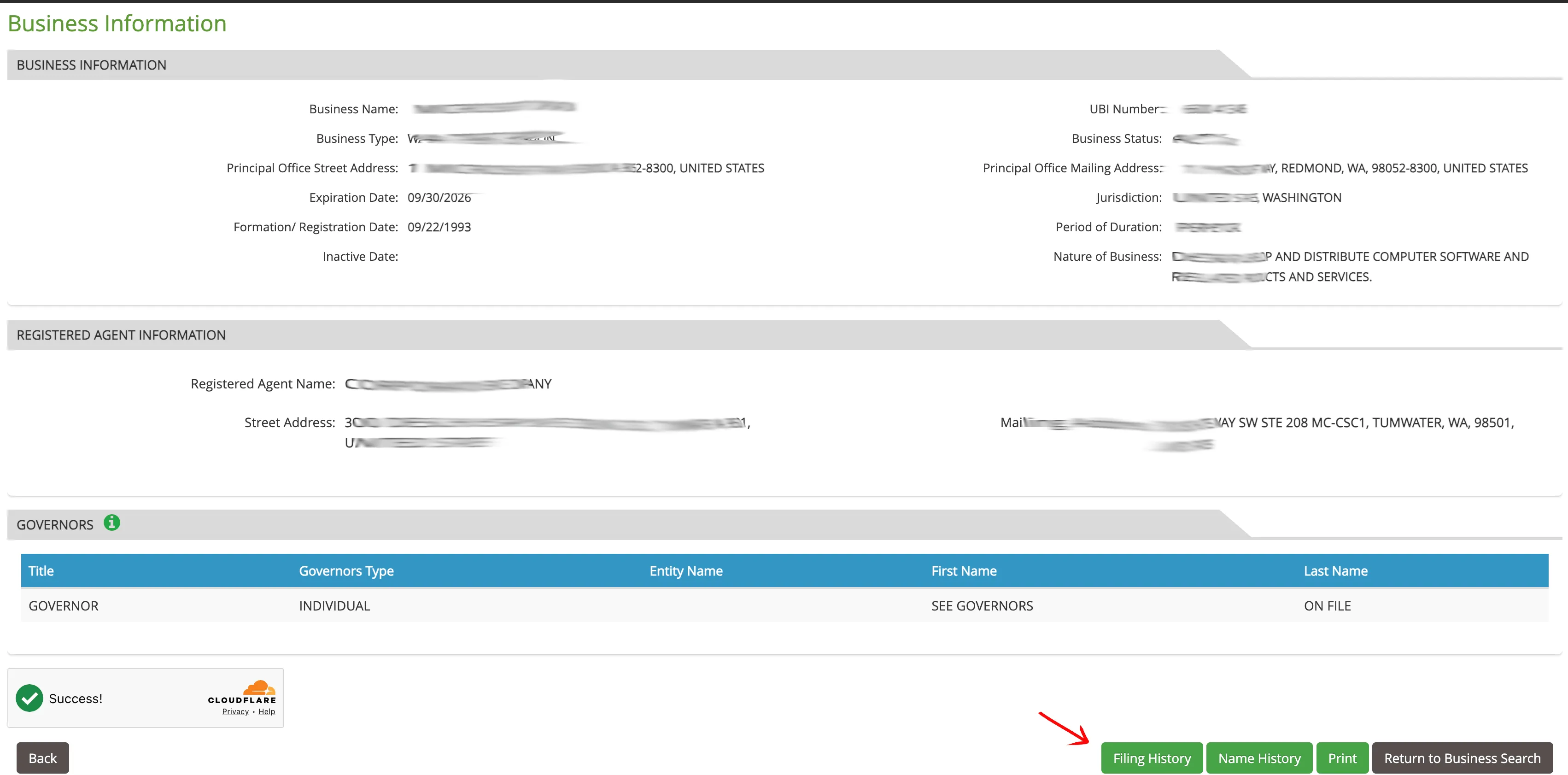 Washington detailed business information page showing status, dates, and governors list