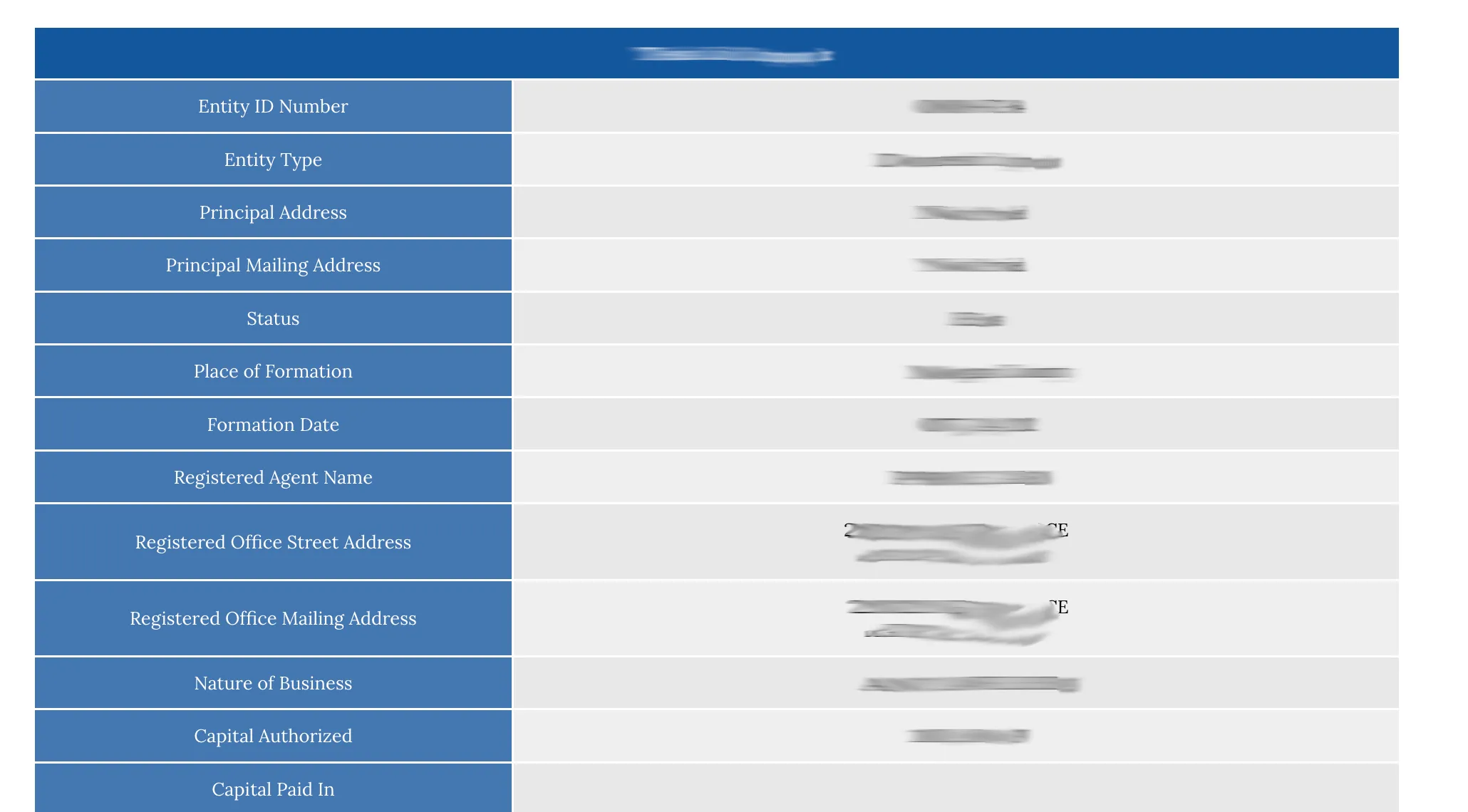 Detailed entity profile showing all business information