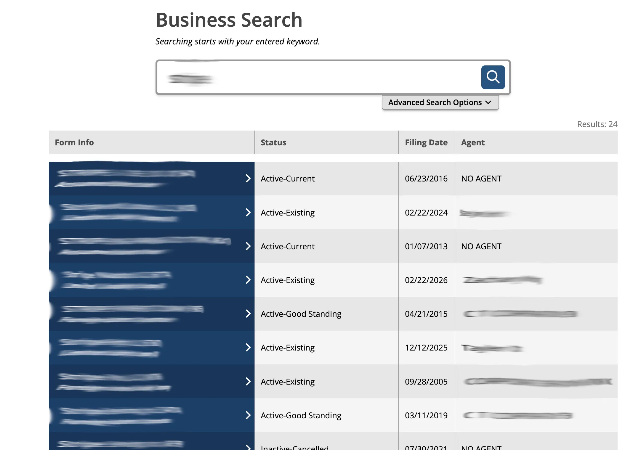 Idaho SOSBiz business search results table with Form Info, Status, Filing Date, and Agent columns