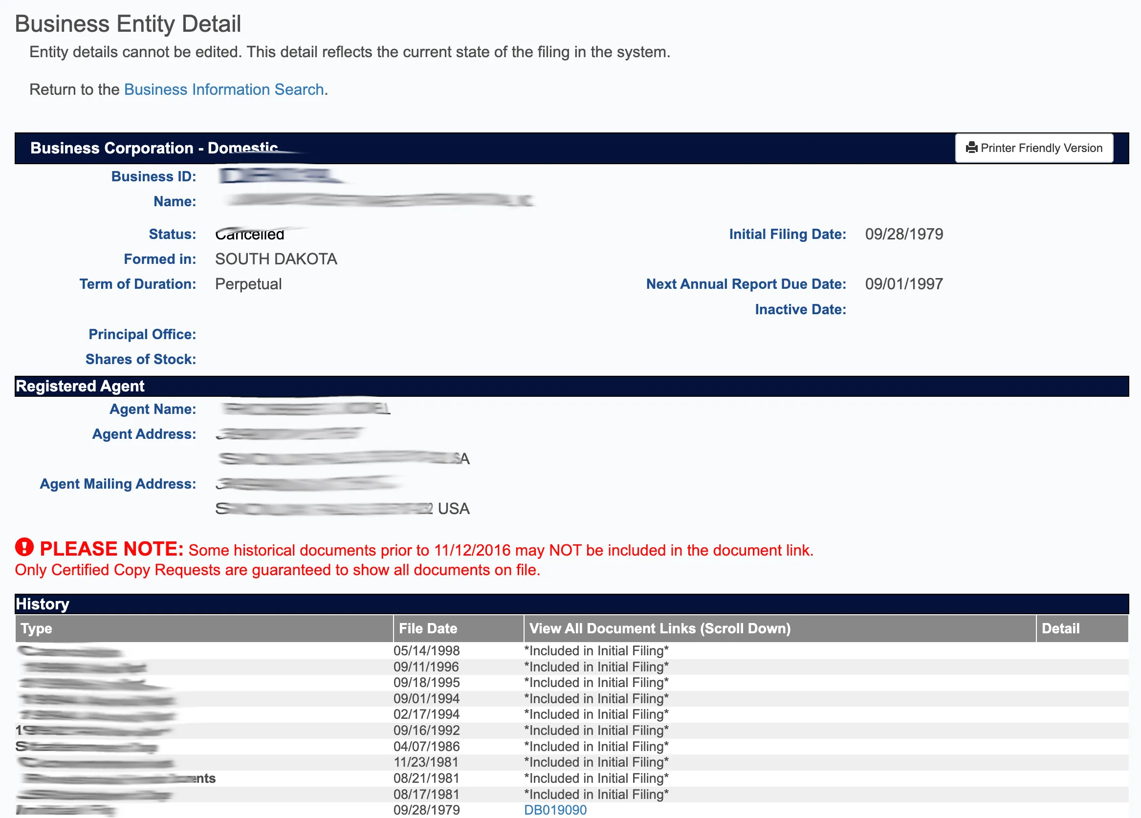 South Dakota business details view showing general information and Registered Agent section