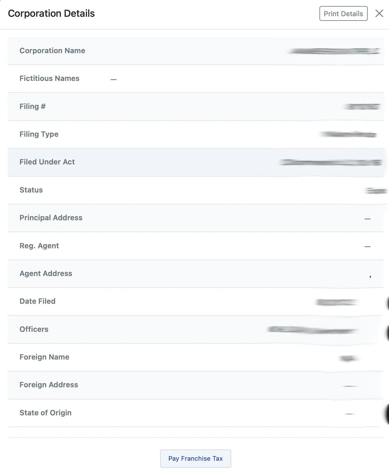 Arkansas entity details page with filing number, status, registered agent, address, and officer information